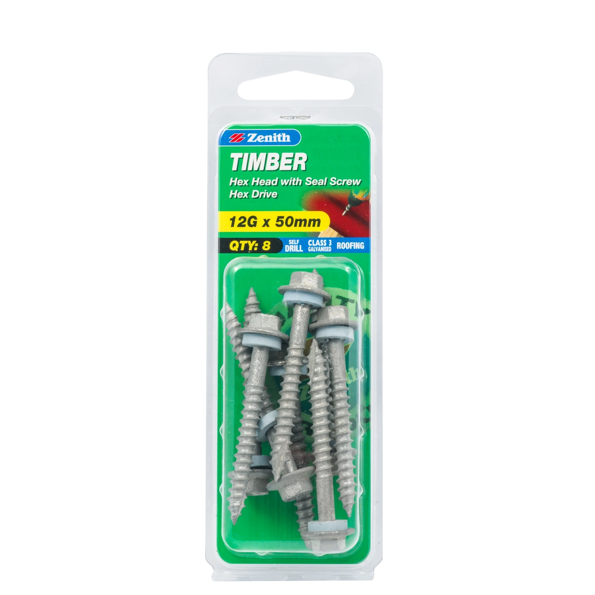 ZENITH® 12G x 50mm Class 3 Galvanised, External Hex Drive, Hex Head, Cladding & Roofing Screws with Seal – External Use – 8 Pack
