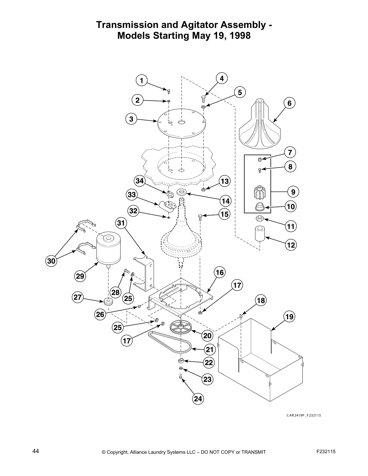 Transmission and Agitator Assembly -
Models Starting May 19, 1998