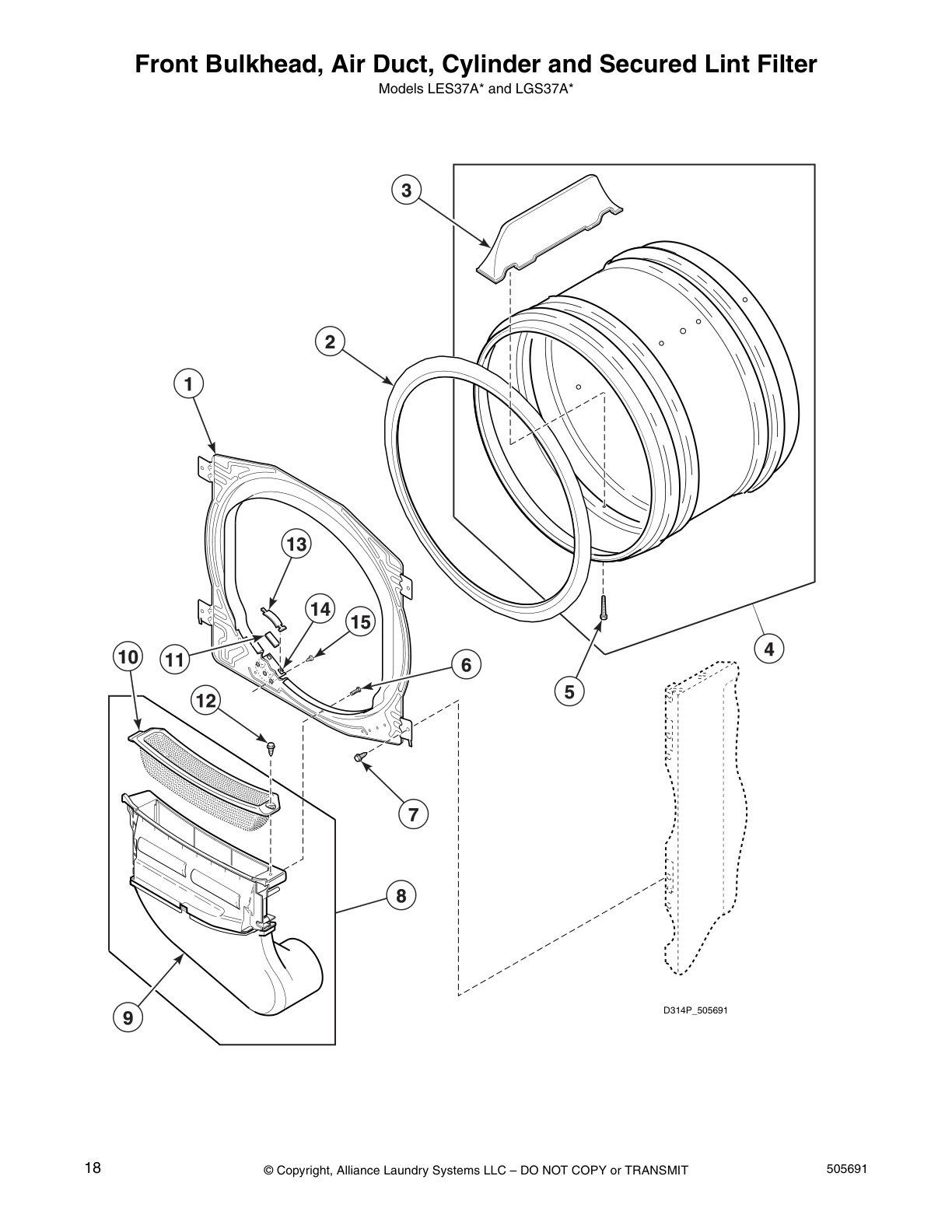 Front Bulkhead, Air Duct, Cylinder and Secured Lint Filter