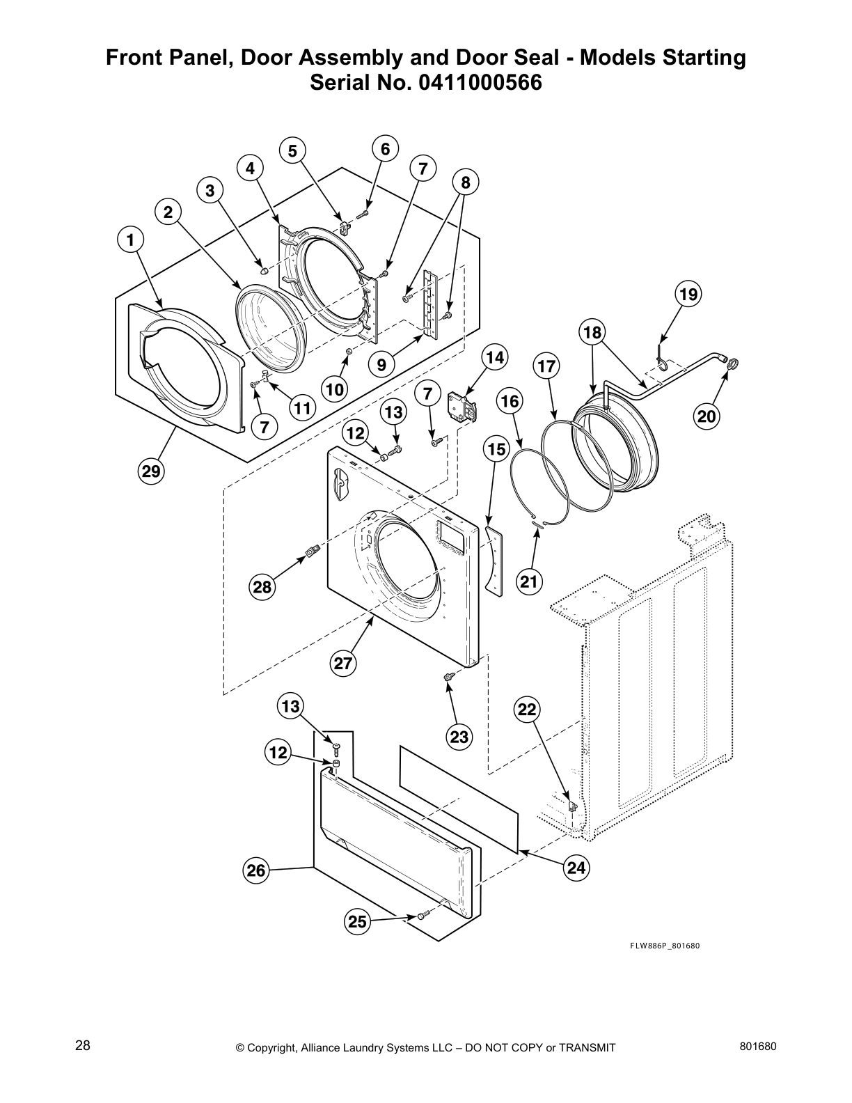 Front Panel, Door Assembly and Door Seal - Models Starting
Serial No. 0411000566