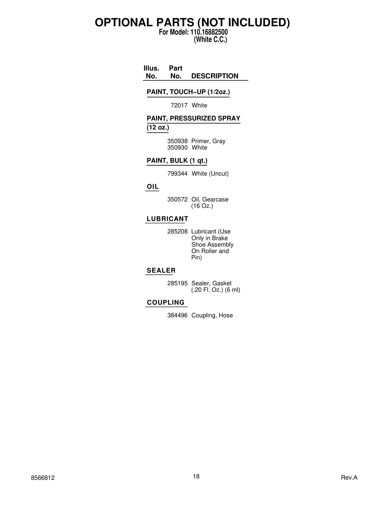 OPTIONAL PARTS (NOT INCLUDED)