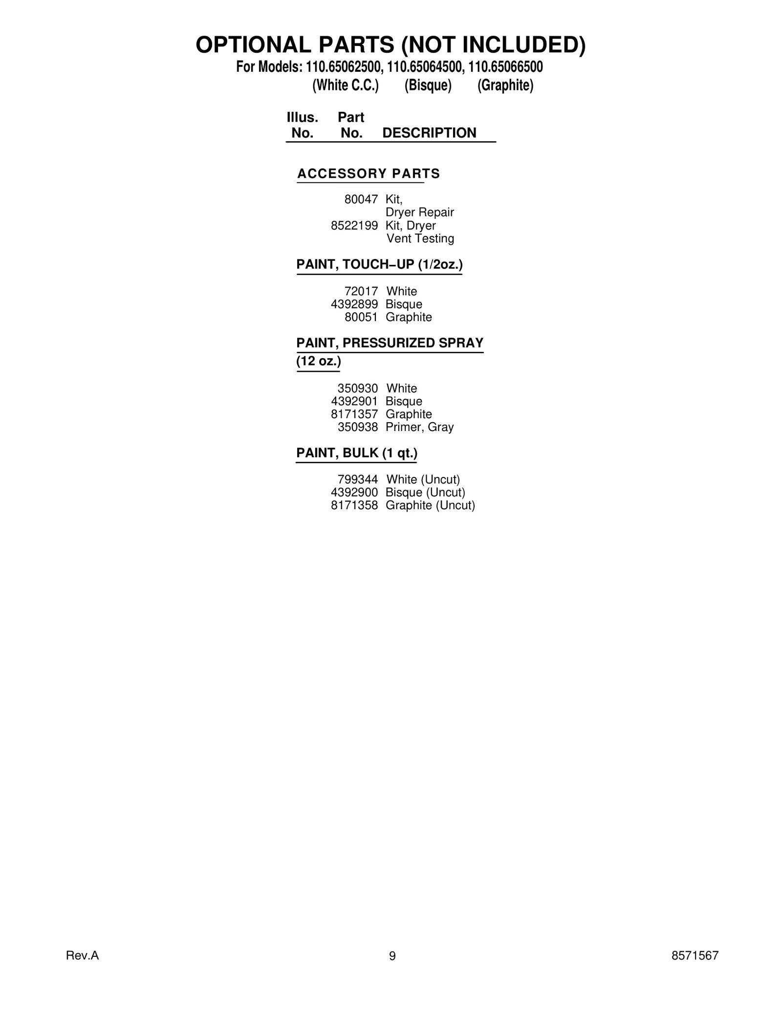 OPTIONAL PARTS (NOT INCLUDED)