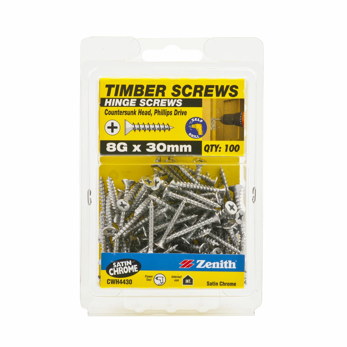 ZENITH® 8G x 30mm Satin Chrome Plated, Phillips Drive, Hinge Screws – Internal Use – 100 Pack