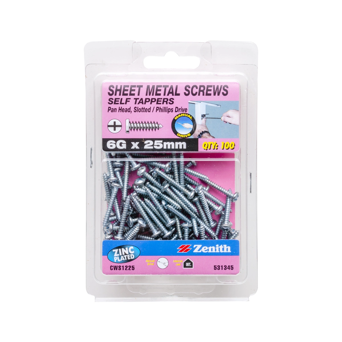 ZENITH® 6G x 25mm Zinc Plated, Self Tapping, Combination Drive, Sheet Metal Screws – Internal Use – 100 Pack