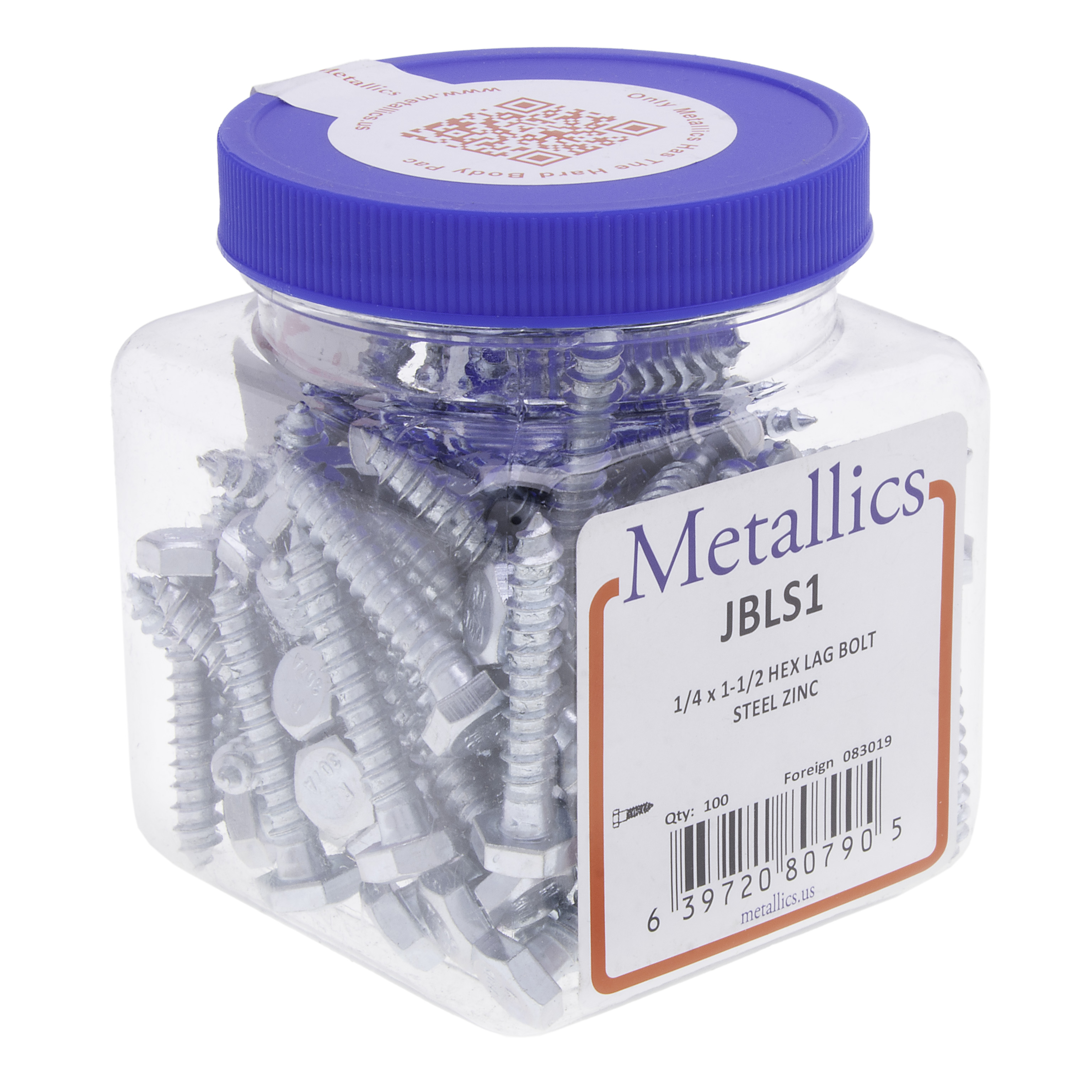 Hexagon Lag Bolt, Steel material, Zinc Chromate finish, 1-1/2 in. length, 1/4 in. Size, Right Hand thread, 100 per pack