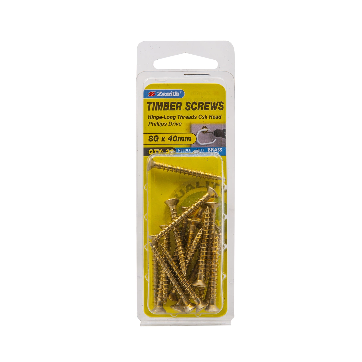 ZENITH® 8G x 40mm Brass Plated, Phillips Drive, Timber Screws – Internal Use – 20 Pack