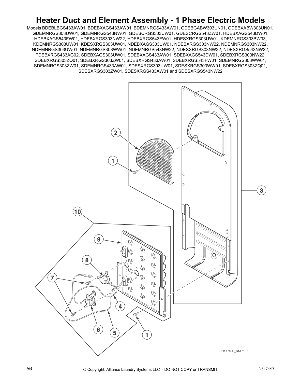 Heater Duct and Element Assembly - 1 Phase Electric Models