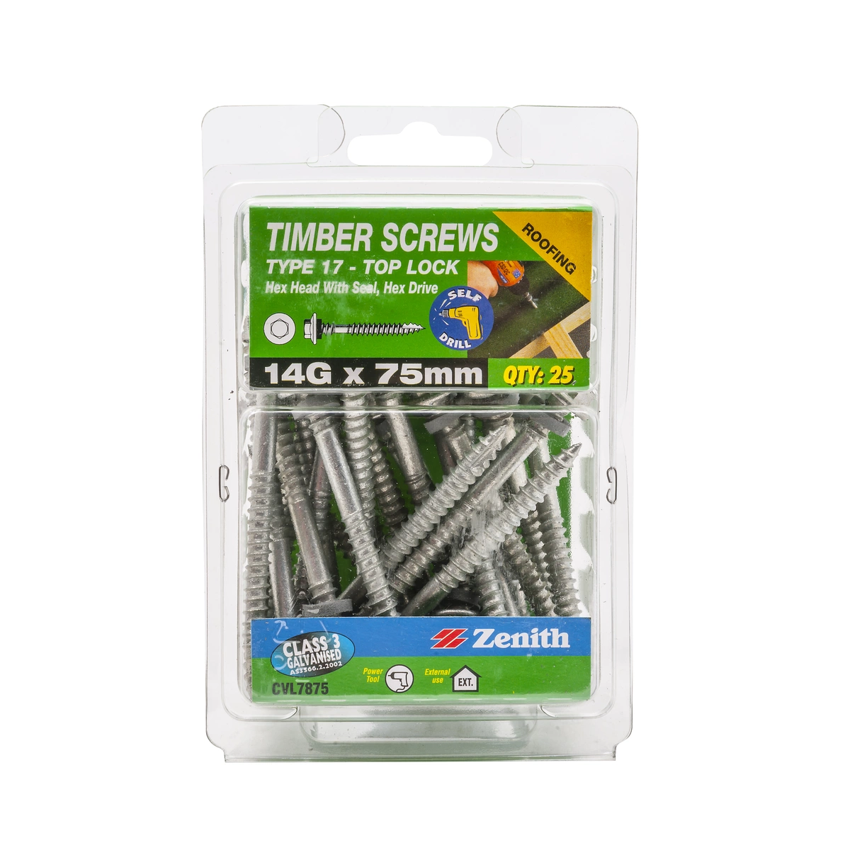 ZENITH® 14G x 75mm Class 3 Galvanised, External Hex Drive, Hex Head, Cladding & Roofing Screws with Seal – External Use – 25 Pack
