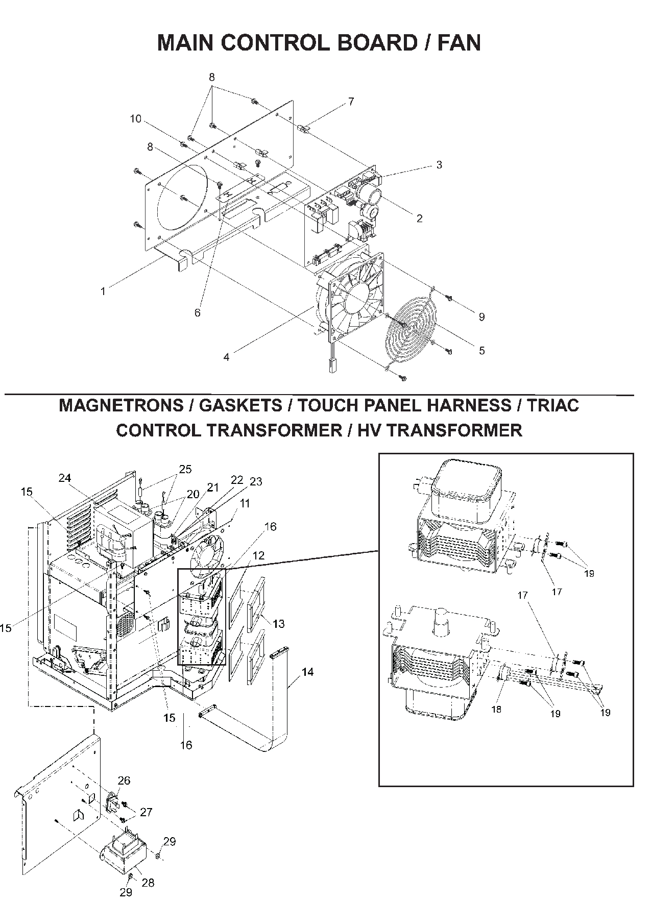 Main Control Board / Fan Magnetrons / Gaskets / Touch Panel Harness / TRIAC CONTROL TRANSFORMER /