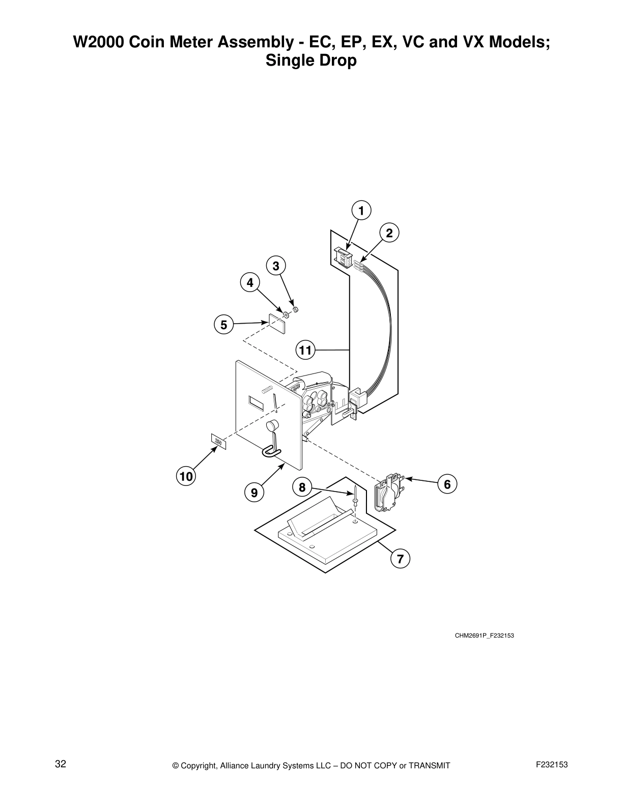 W2000 Coin Meter Assembly - EC, EP, EX, VC and VX Models; 
Single Drop