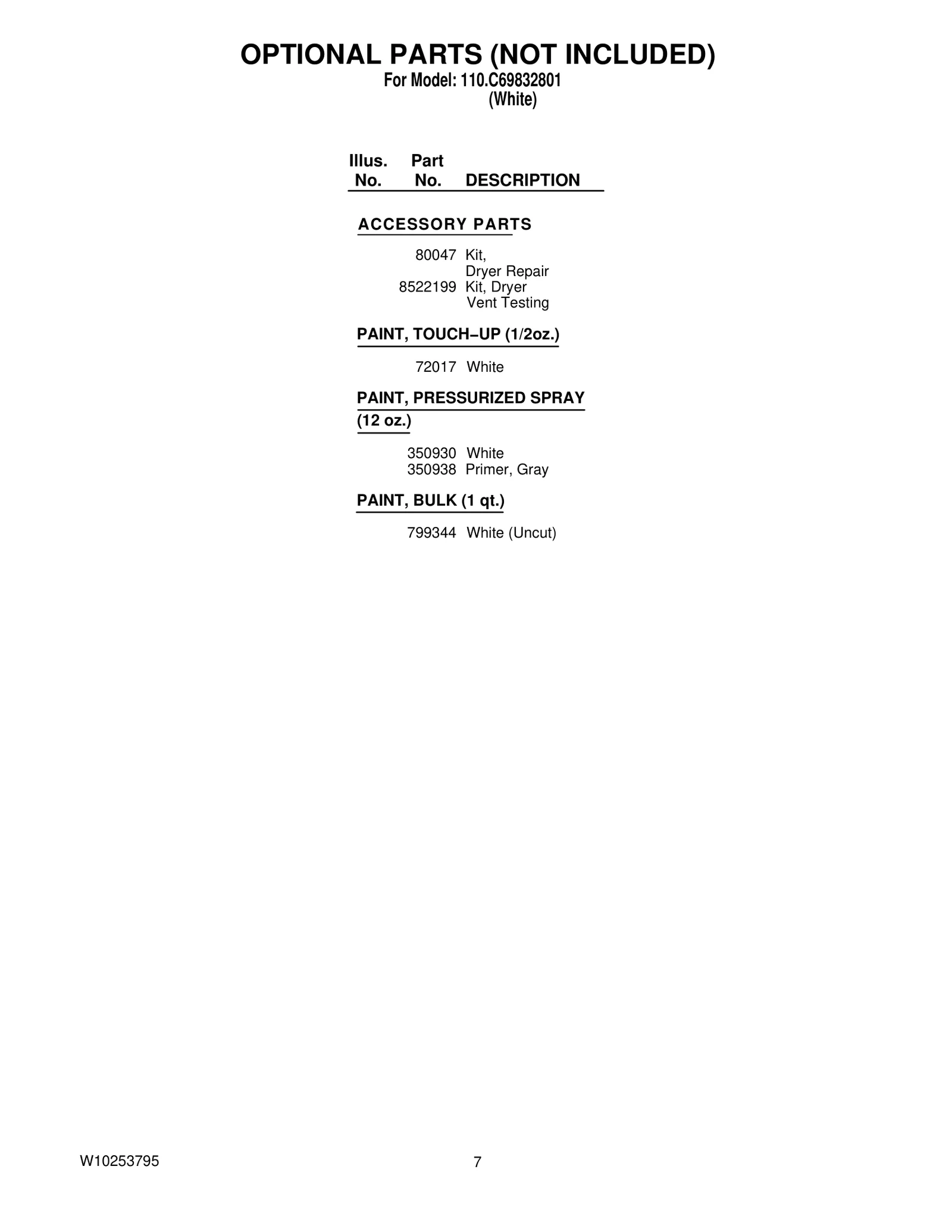 OPTIONAL PARTS (NOT INCLUDED)