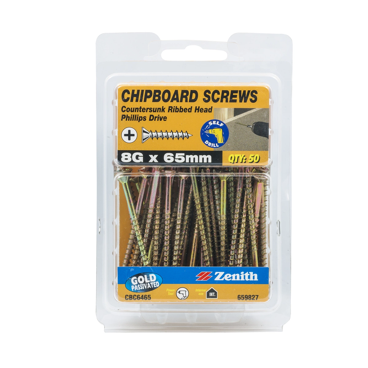 ZENITH® 8G x 65mm Gold Passivated, Phillips Drive, Chipboard Screws – Internal Use – 50 Pack
