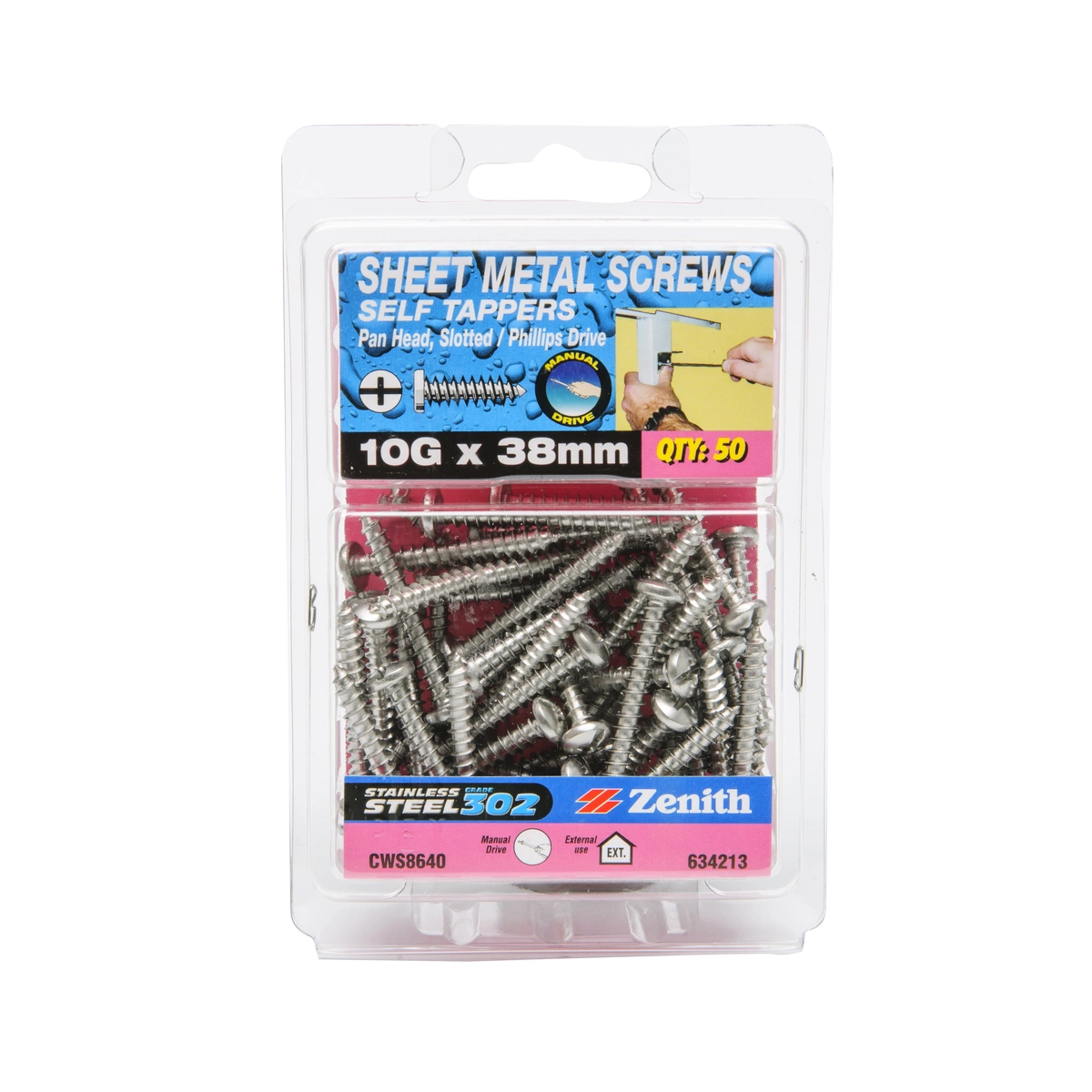 ZENITH® 10G x 38mm 304 Stainless Steel, Self Tapping, Combination Drive, Sheet Metal Screws – External Use – 50 Pack