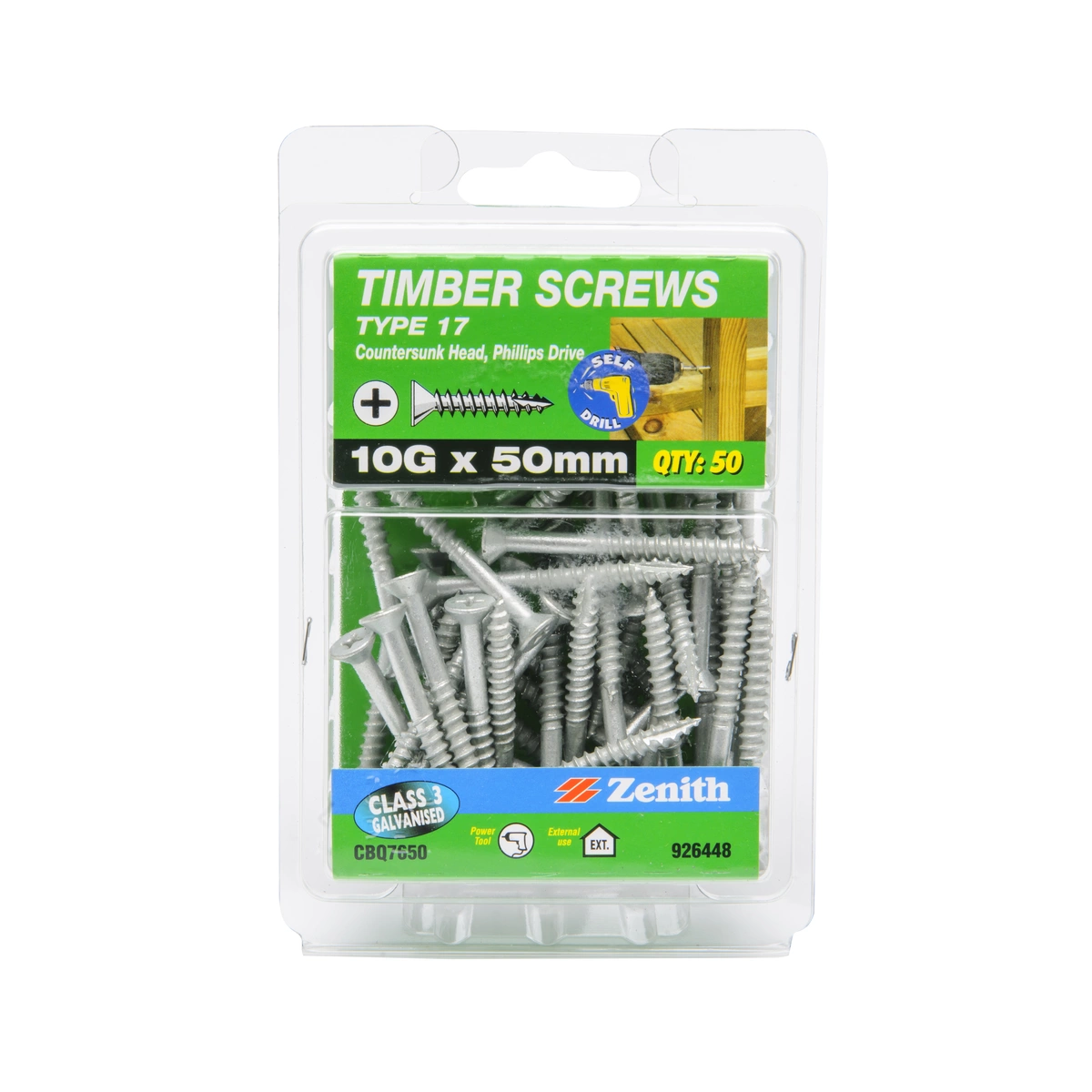ZENITH® 10G x 50mm Class 3 Galvanised, Phillips Drive, Timber Screws – External Use – 50 Pack