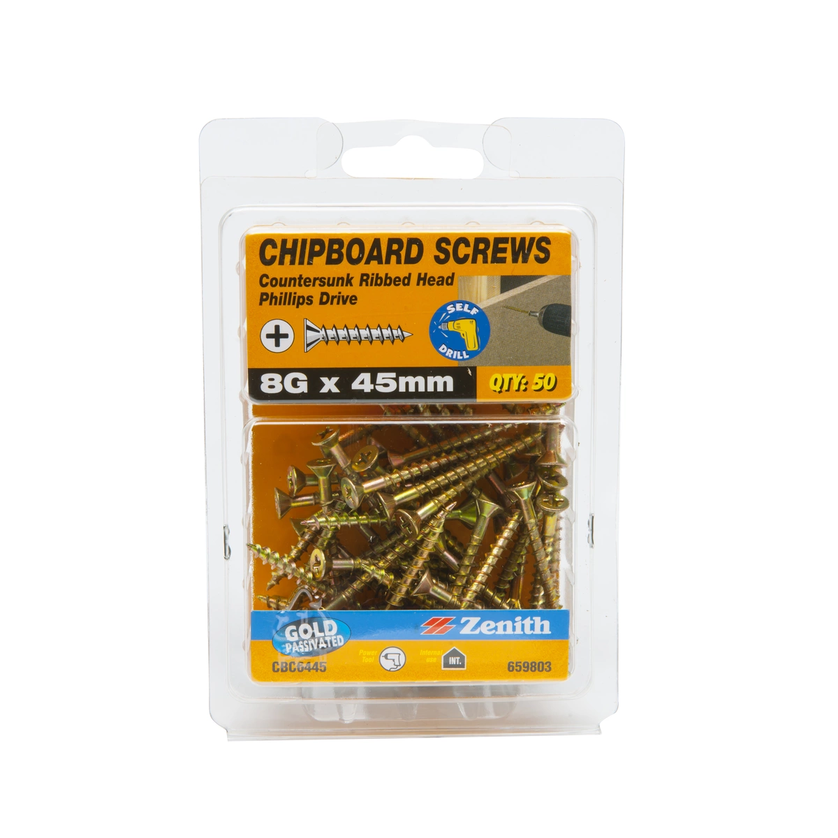 ZENITH® 8G x 45mm Gold Passivated, Phillips Drive, Chipboard Screws – Internal Use – 50 Pack