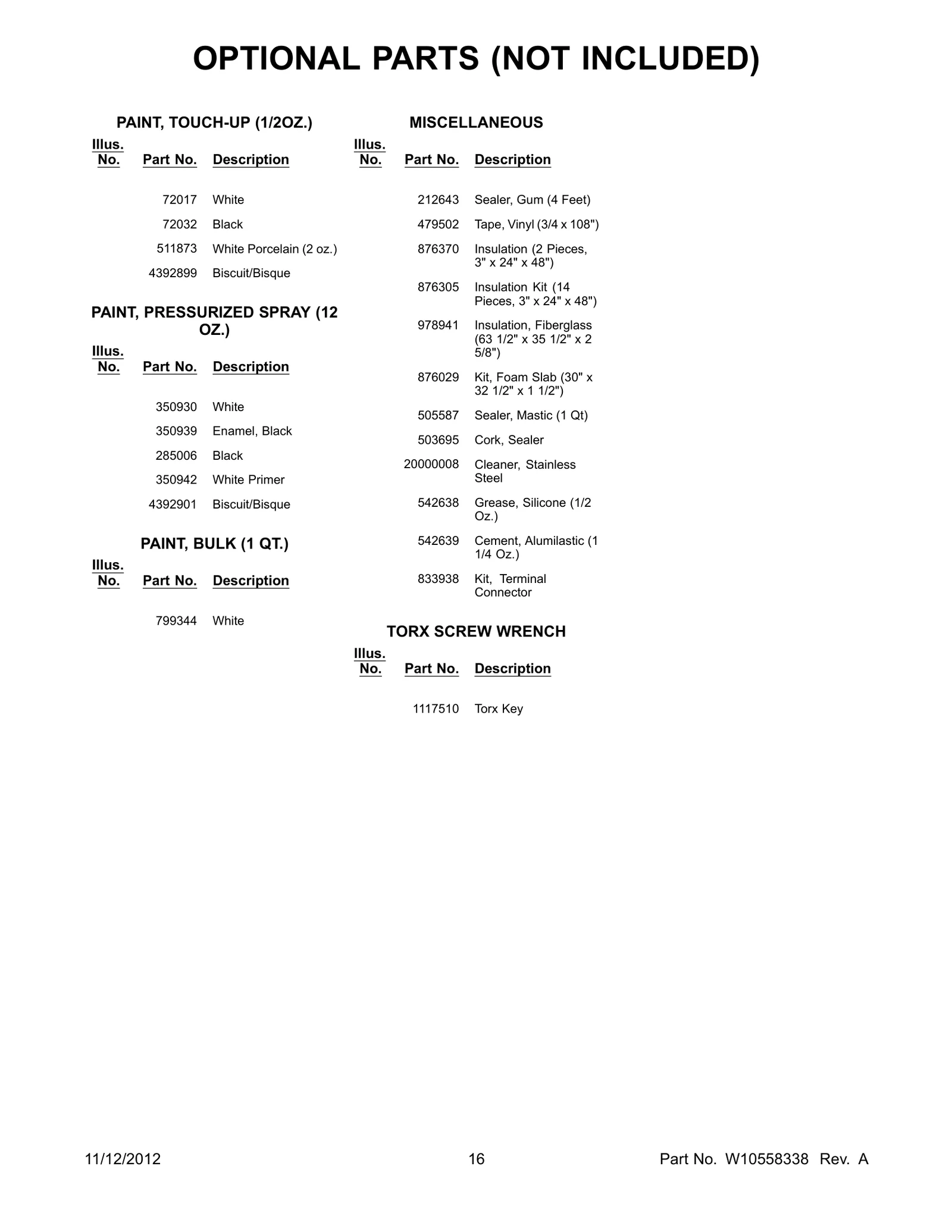 OPTIONAL PARTS (NOT INCLUDED)