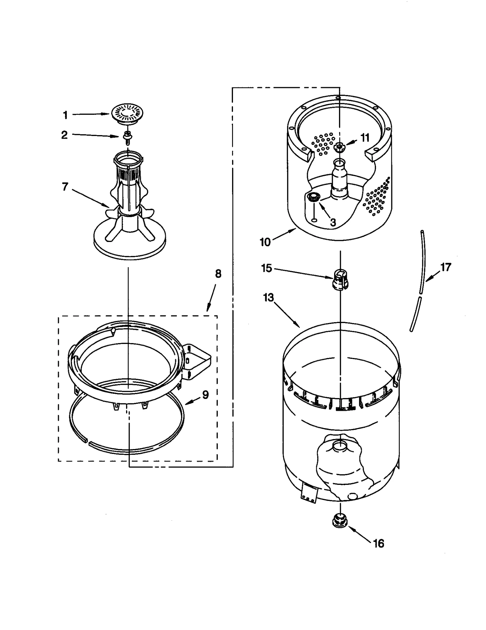 AGITATOR, BASKET AND TUB
