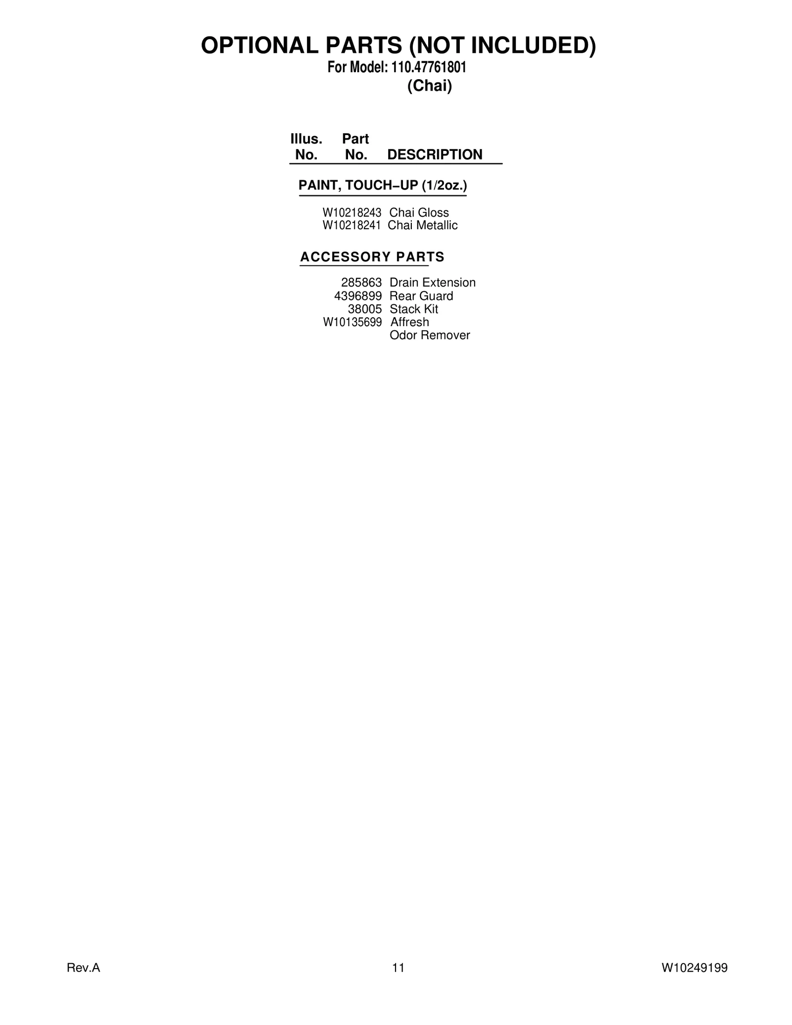 OPTIONAL PARTS (NOT INCLUDED)