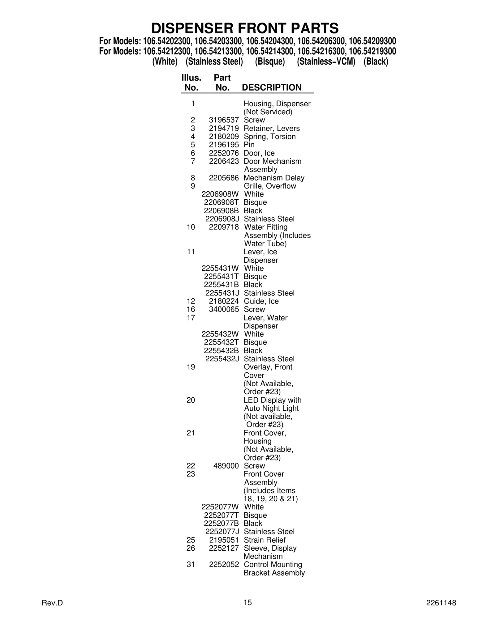 DISPENSER FRONT PARTS