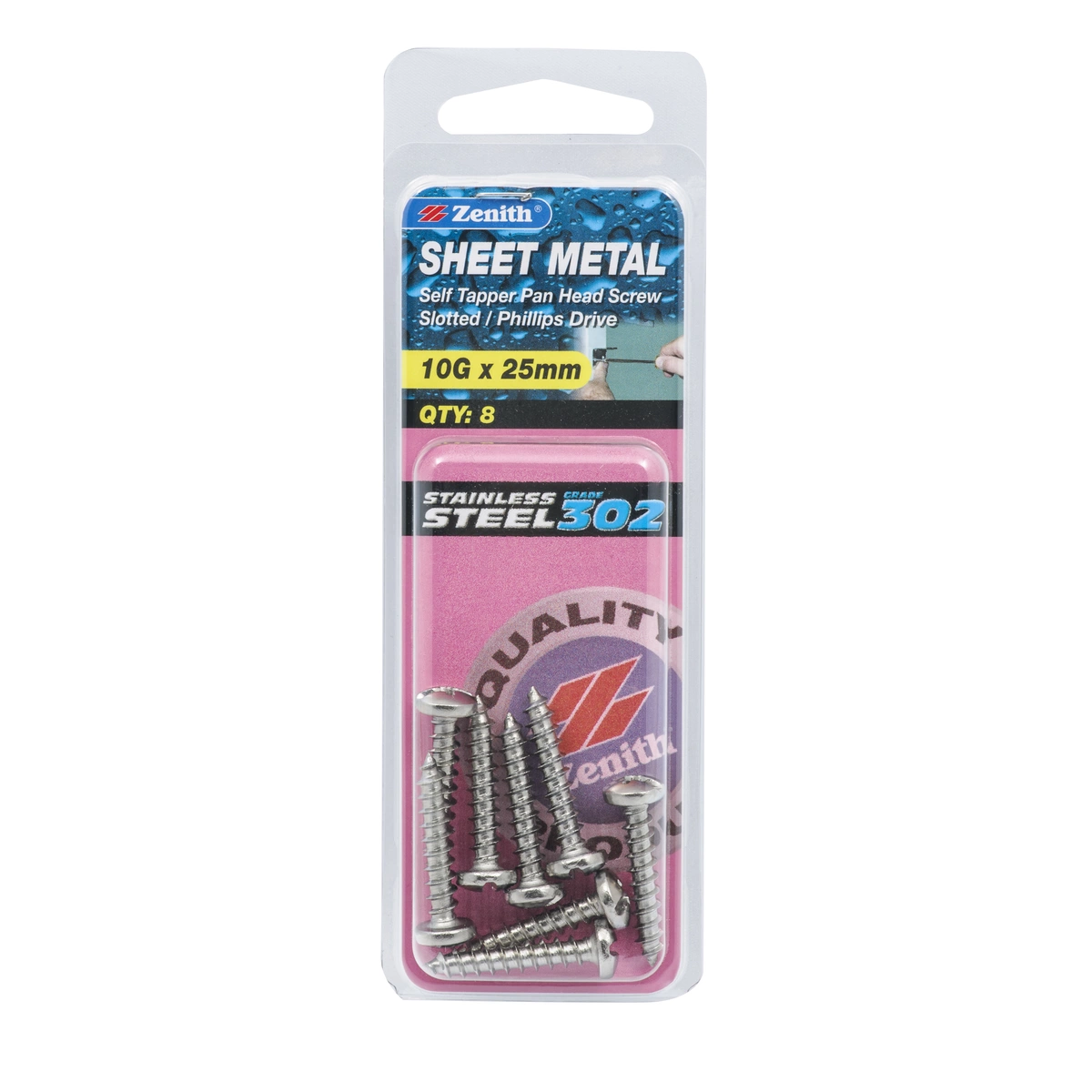 ZENITH® 10G x 25mm 304 Stainless Steel, Self Tapping, Combination Drive, Sheet Metal Screws – External Use – 8 Pack