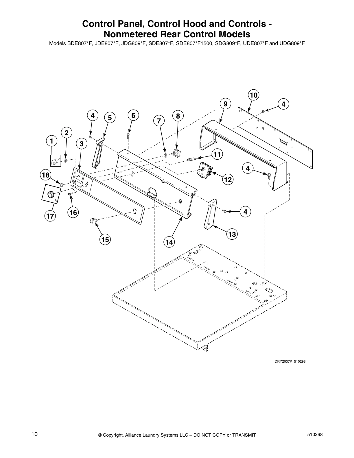 Control Panel, Control Hood and Controls - 
Nonmetered Rear Control Models