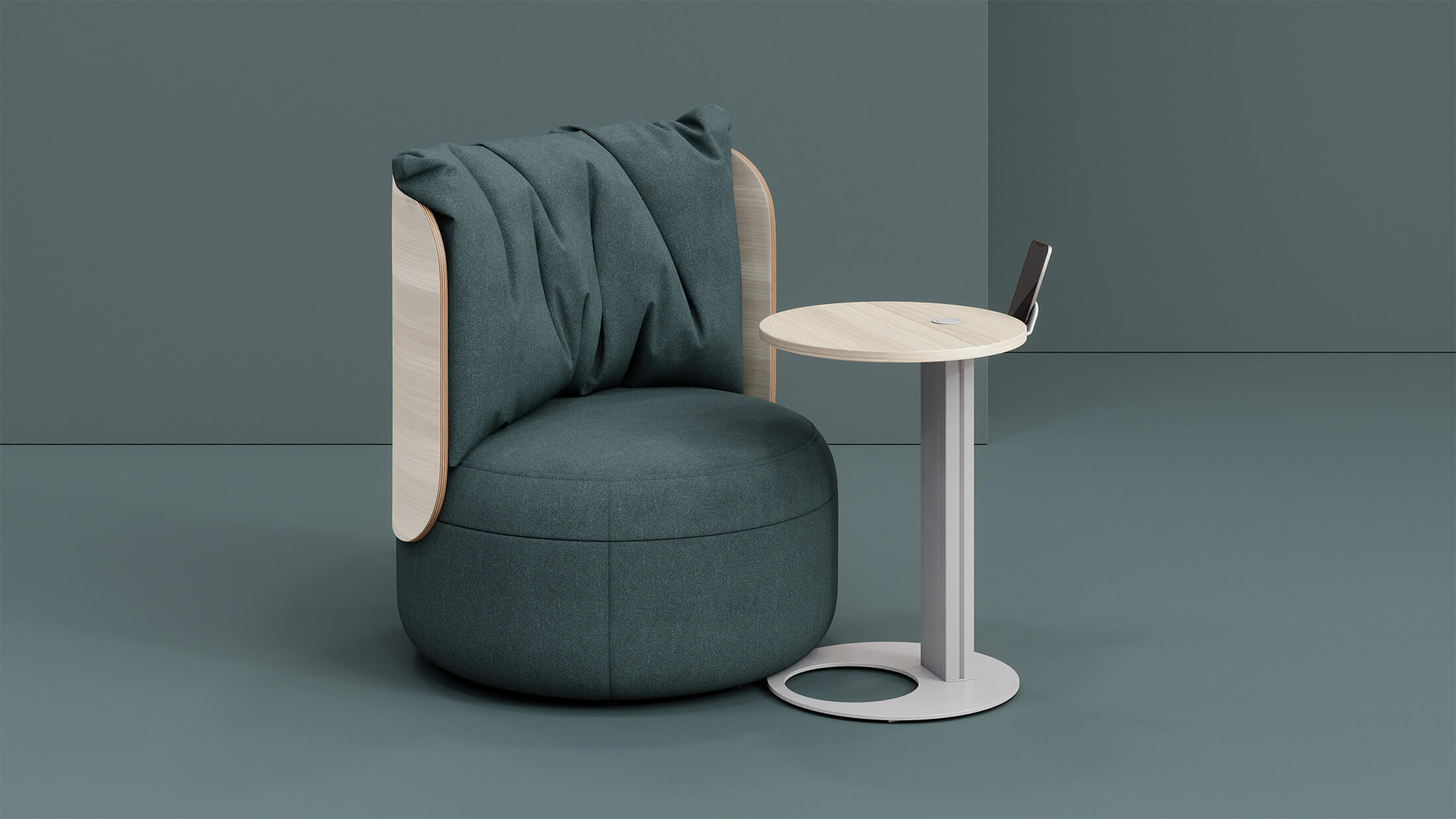 Drift laptop table in round configuration paired with KFI Studio's Dotti chair