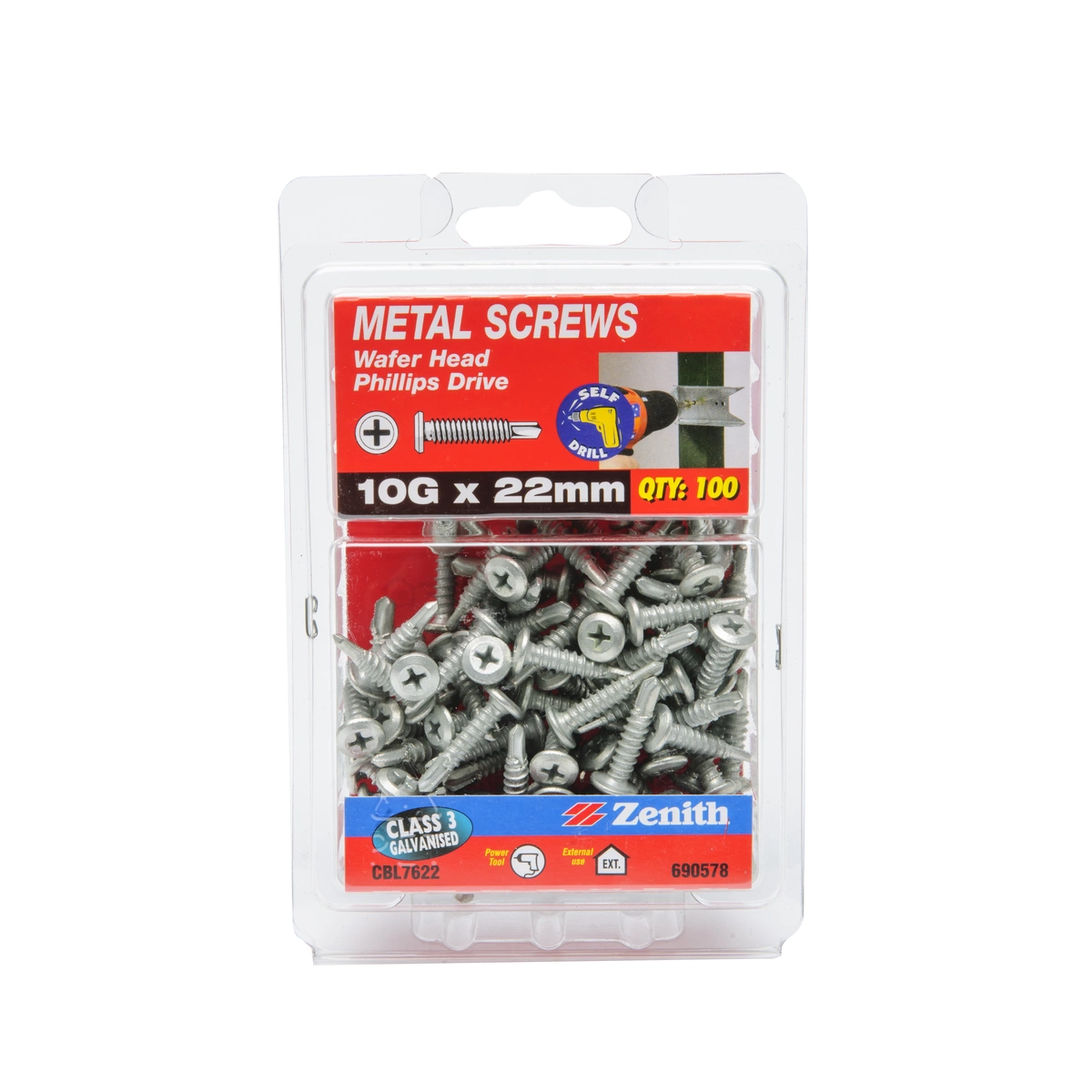 ZENITH® 10G x 22mm Class 3 Galvanised, Self Drilling, Phillips Drive, Metal Screws – External Use – 100 Pack