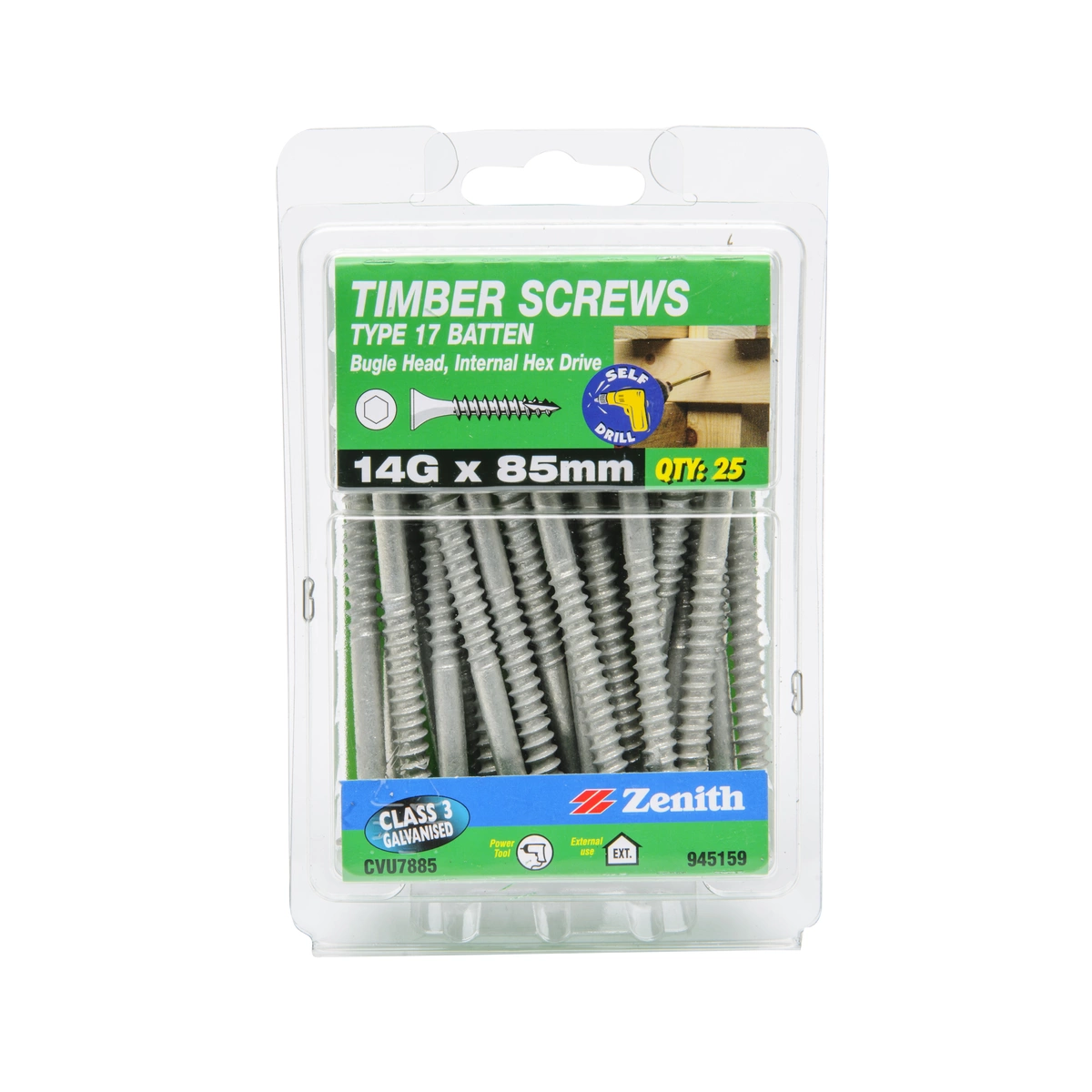 ZENITH® 14G x 85mm Class 3 Galvanised, Internal Hex Drive, Bugle Batten Screws – External Use – 25 Pack