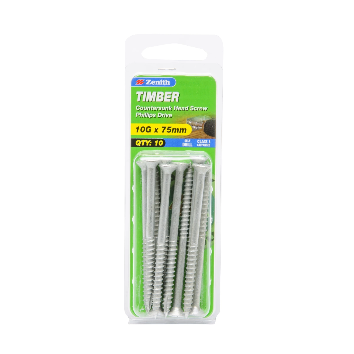 ZENITH® 10G x 75mm Class 3 Galvanised, Phillips Drive, Timber Screws – External Use – 10 Pack