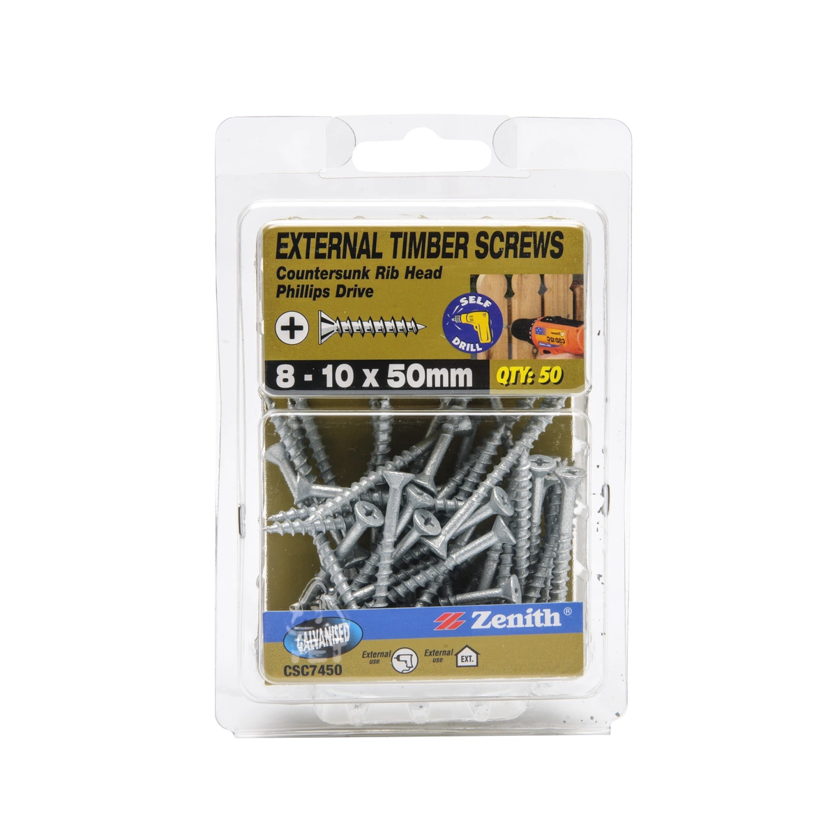 ZENITH® 8G x 50mm Galvanised, Phillips Drive, Timber Screws – External Use – 50 Pack