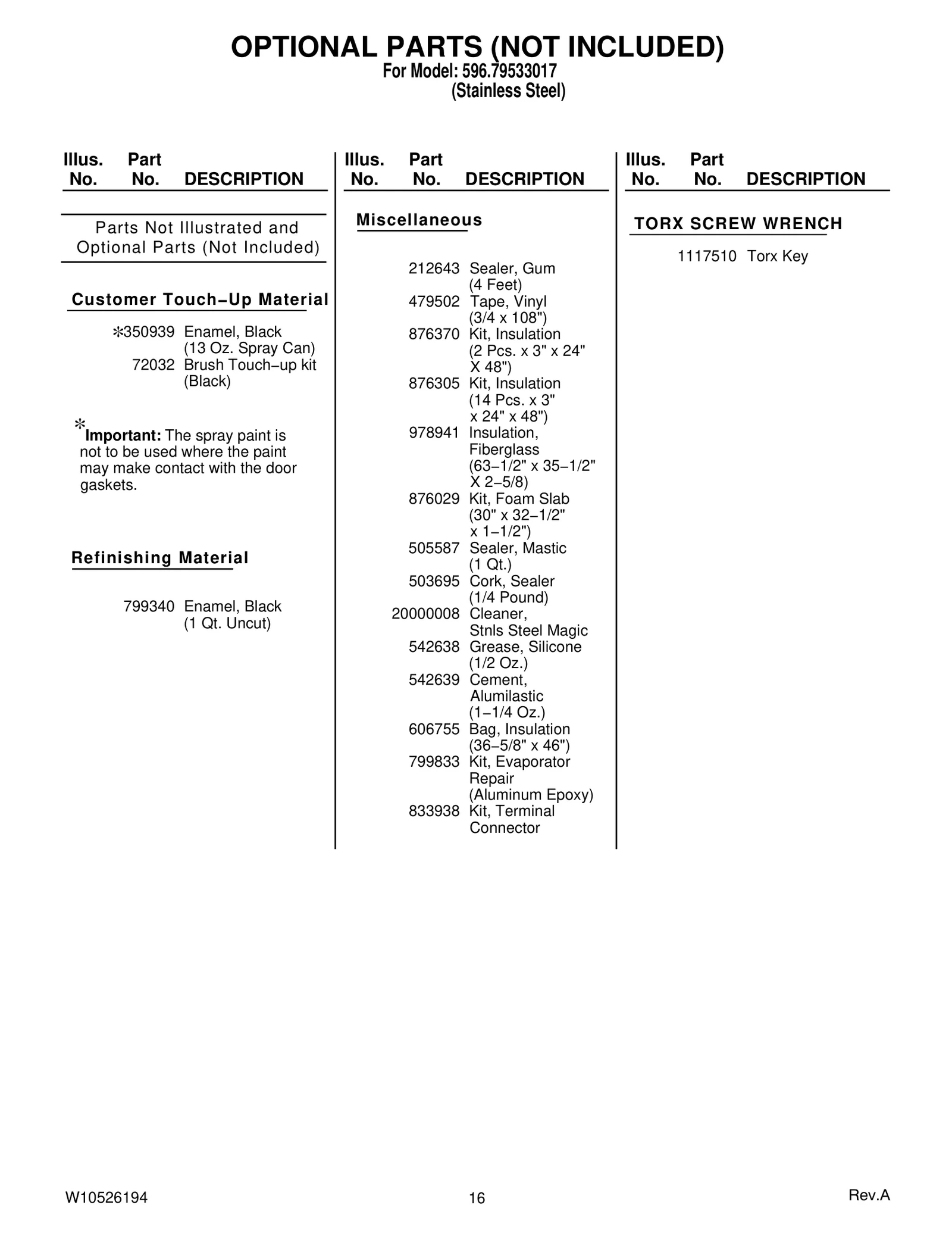 OPTIONAL PARTS (NOT INCLUDED)