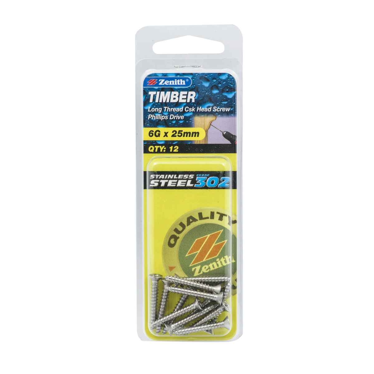 ZENITH® 6G x 25mm 304 Stainless Steel, Phillips Drive, Timber Screws – External Use – 12 Pack