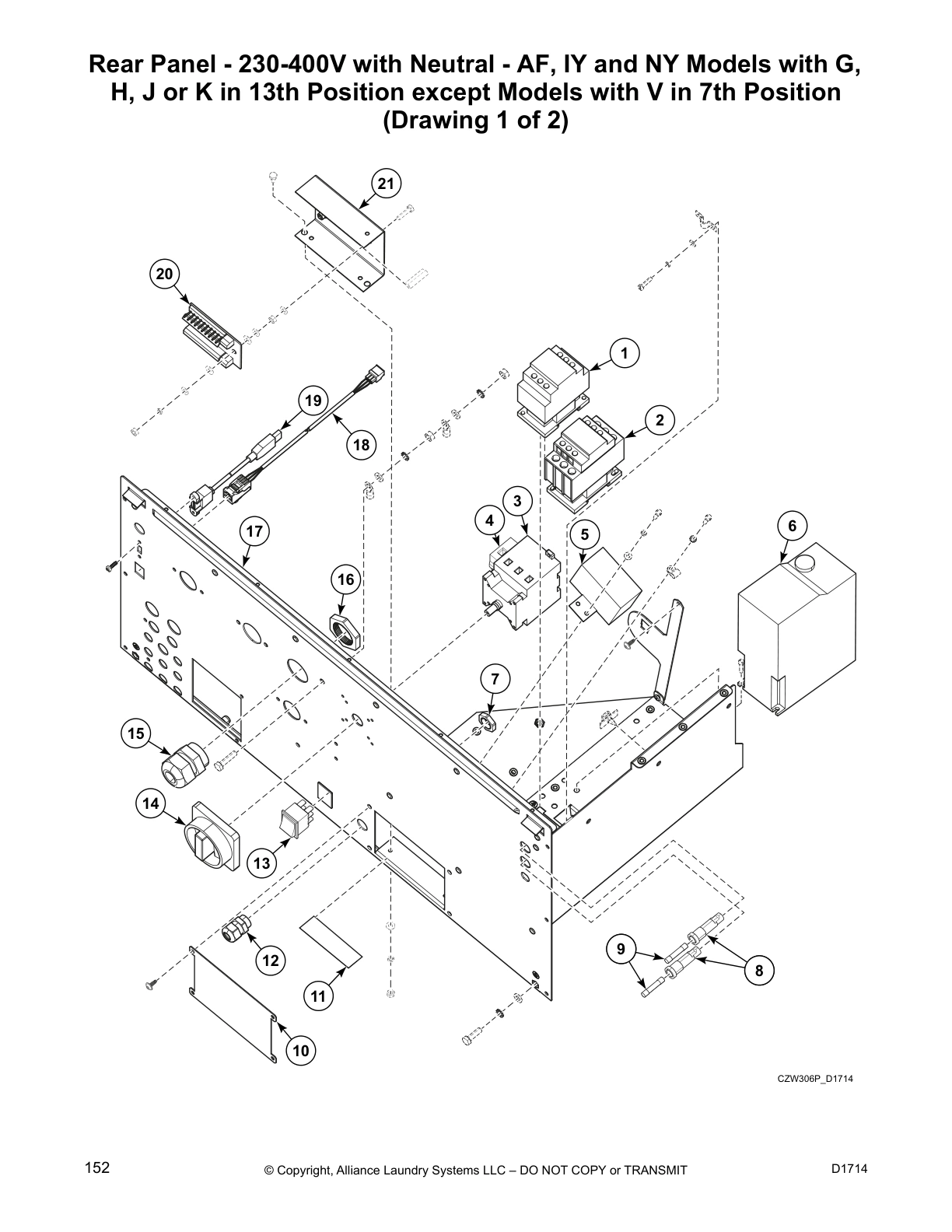 Rear Panel - 230-400V with Neutral - AF, IY and NY Models with G,
H, J or K in 13th Position except Models with V in 7th Position
(Drawing 1 of 2)