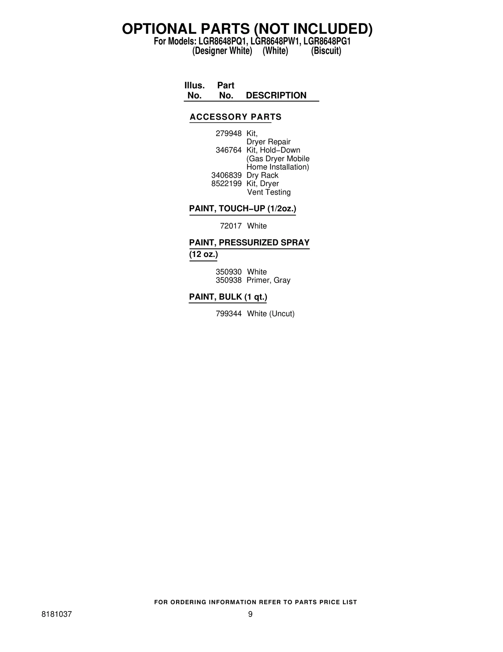 OPTIONAL PARTS (NOT INCLUDED)