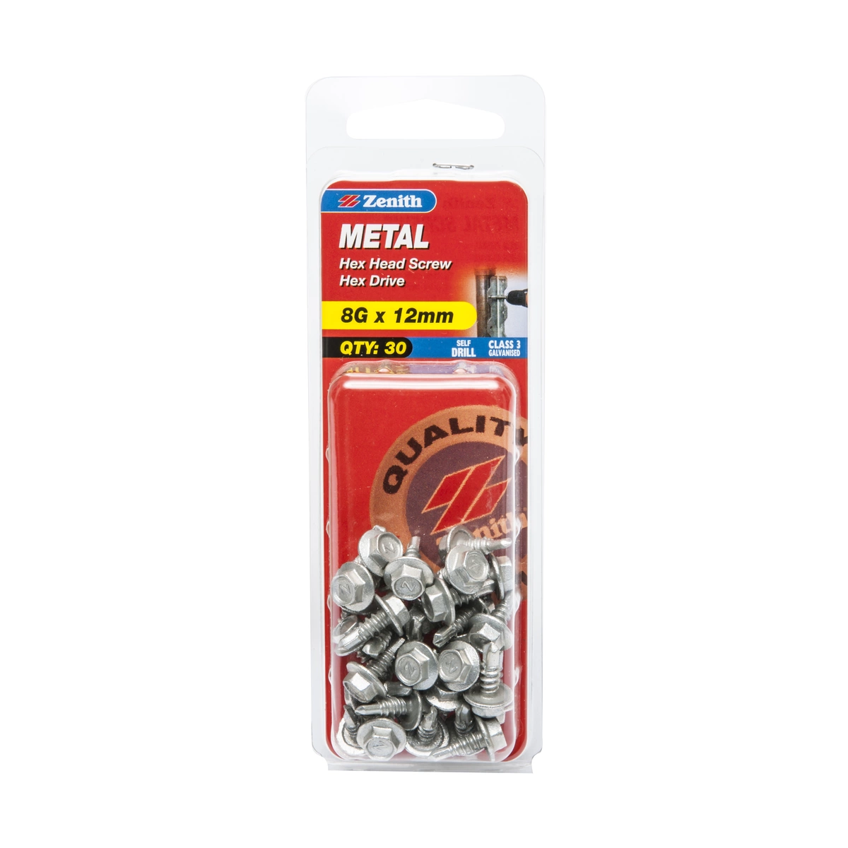 ZENITH® 8G x 12mm Class 3 Galvanised, Self Drilling, External Hex Drive, Metal Screws – External Use – 30 Pack
