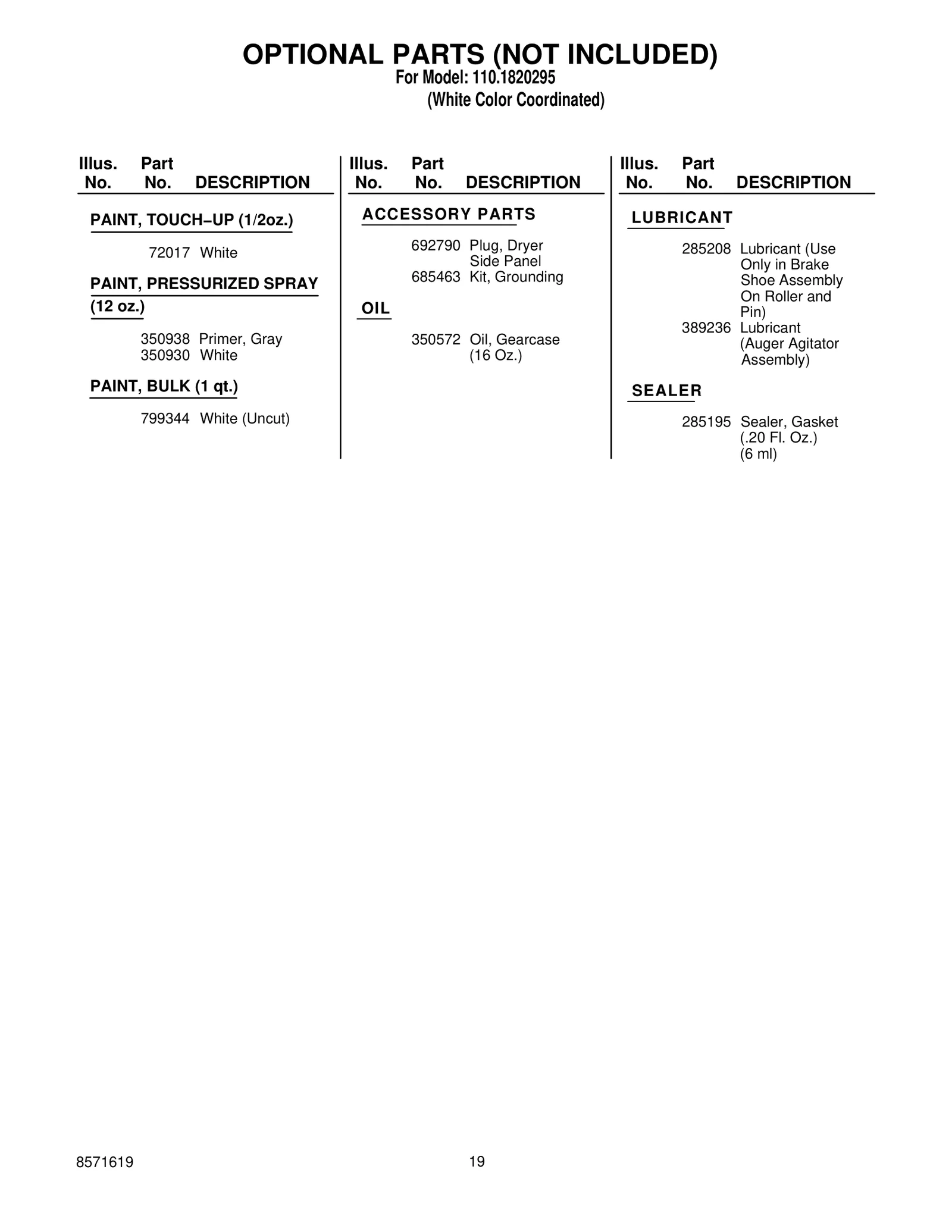 OPTIONAL PARTS (NOT INCLUDED)