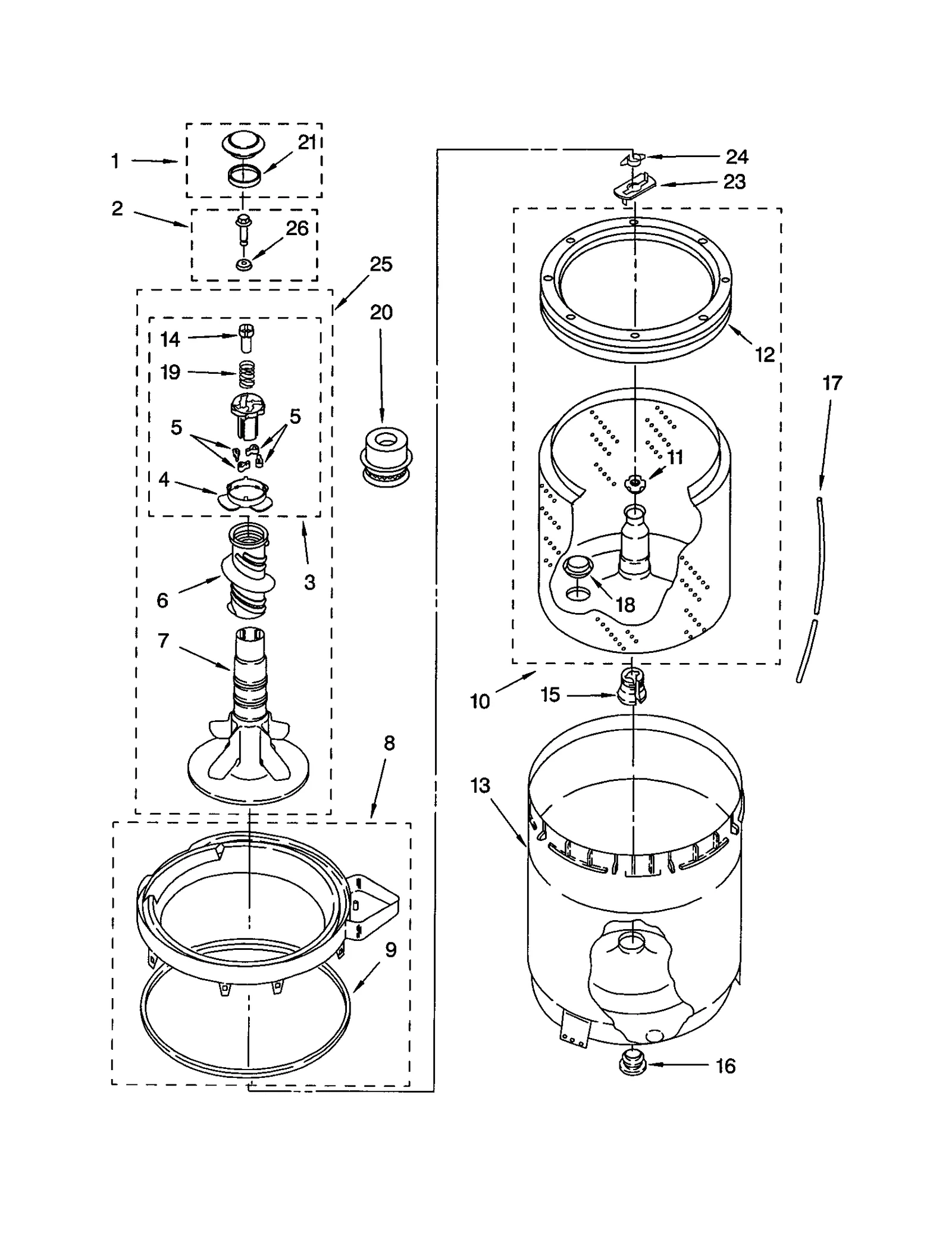 AGITATOR, BASKET AND TUB