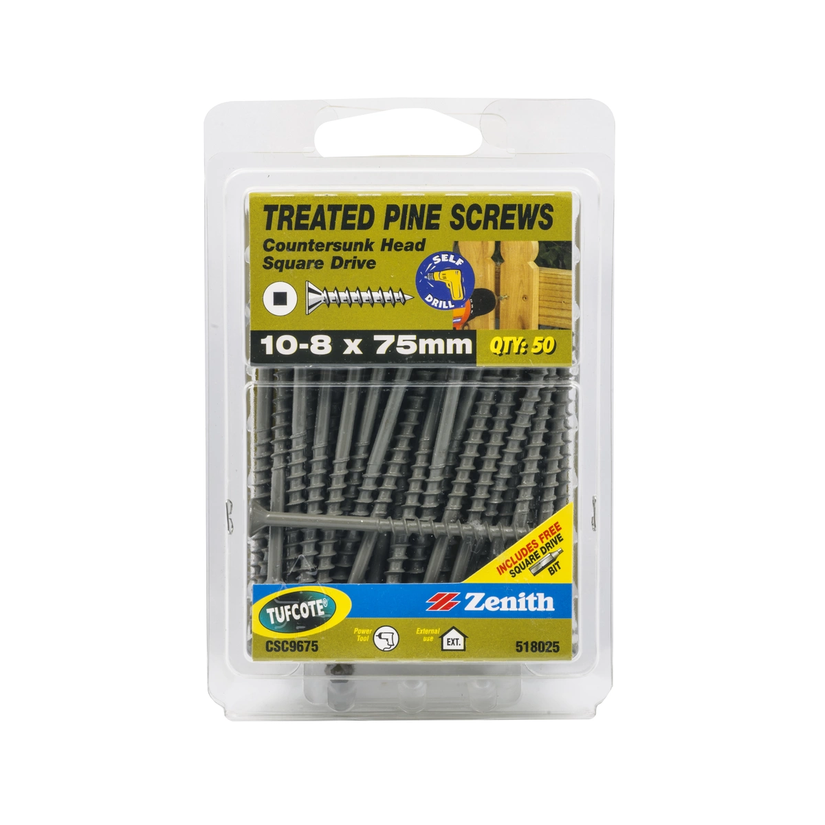 ZENITH® 10G x 75mm TUFCOTE®, Square Drive, Treated Pine Screws – External Use – 50 Pack