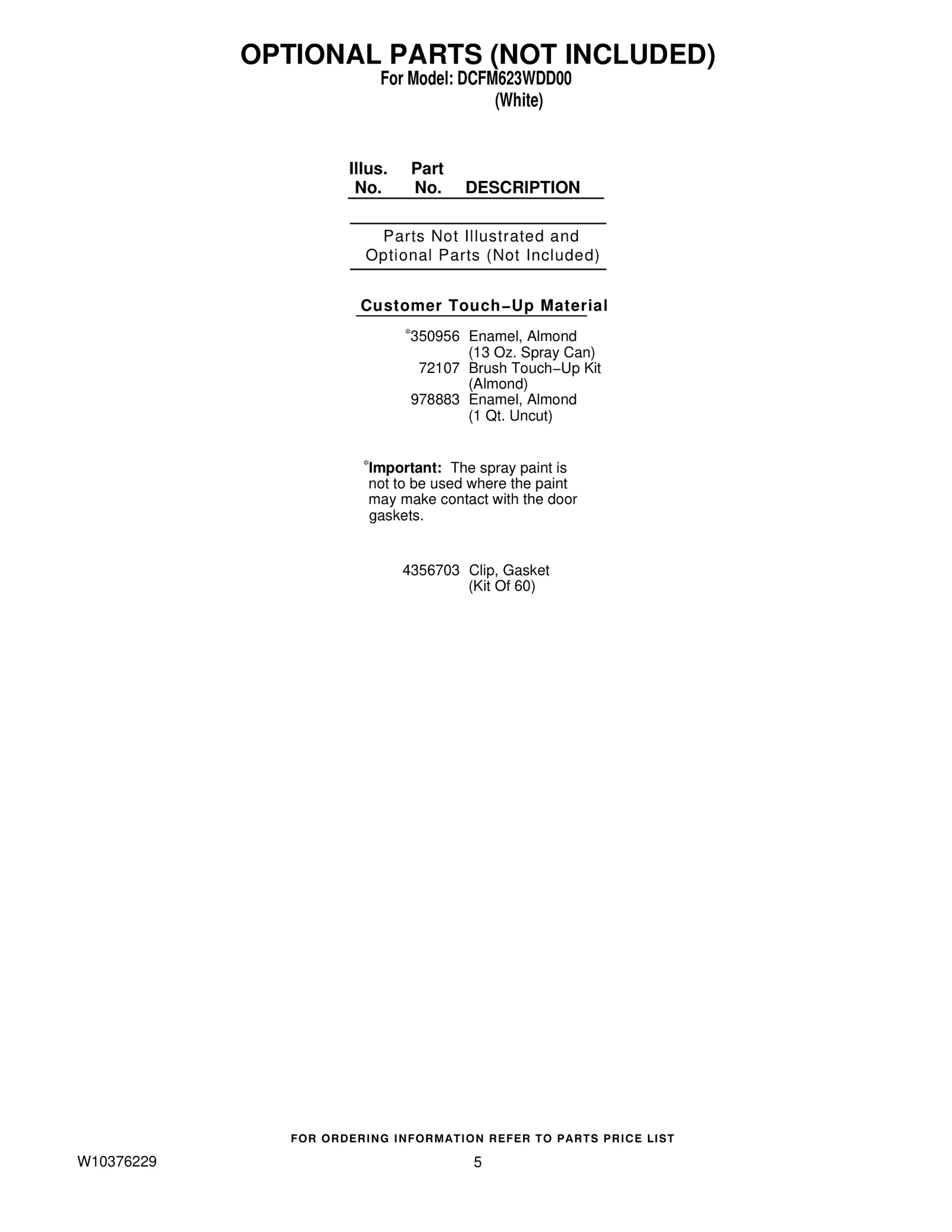 OPTIONAL PARTS (NOT INCLUDED)