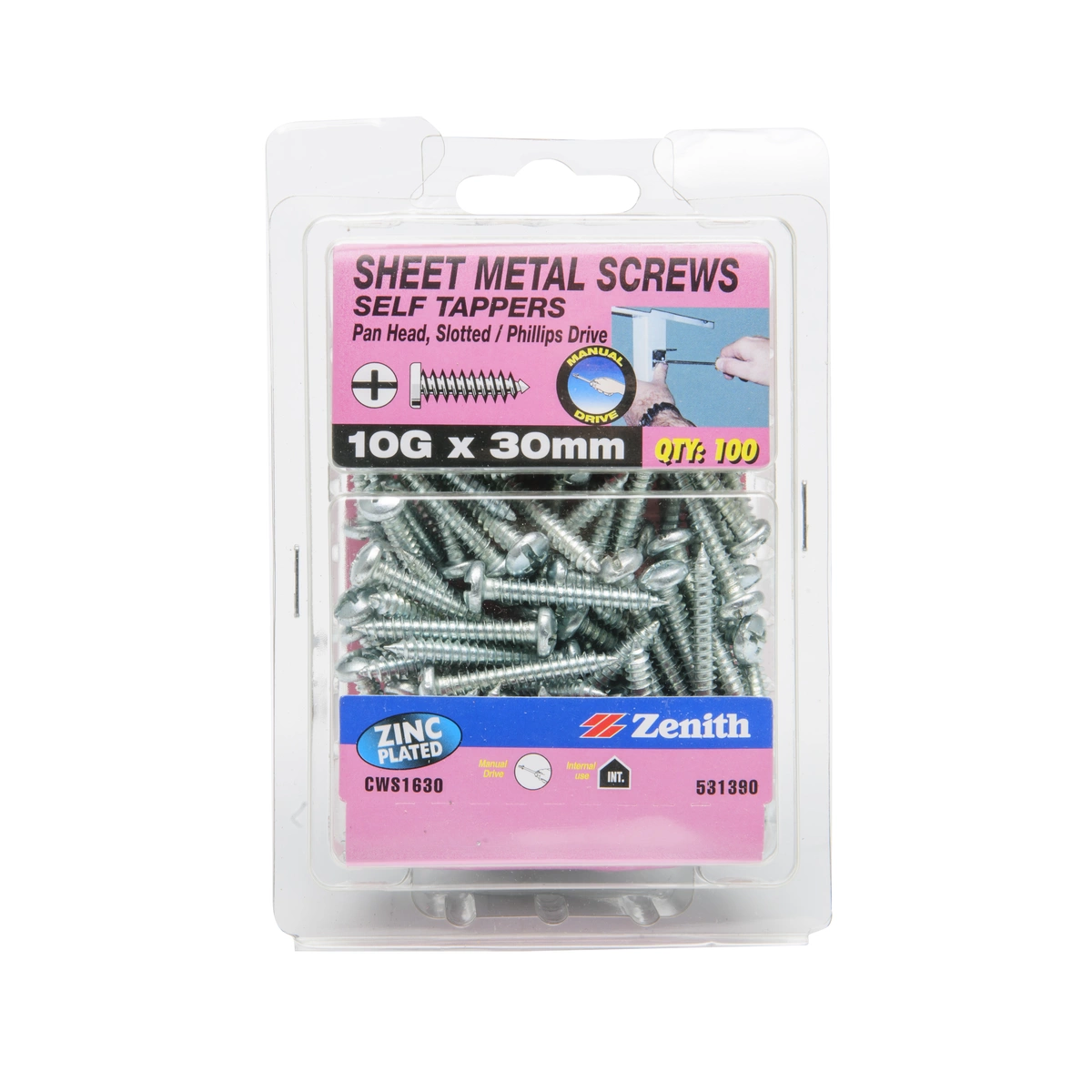 ZENITH® 10G x 30mm Zinc Plated, Self Tapping, Combination Drive, Sheet Metal Screws – Internal Use – 100 Pack