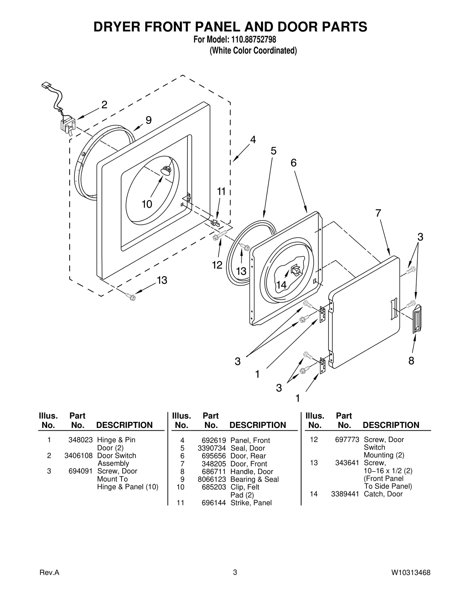 DRYER FRONT PANEL AND DOOR PARTS