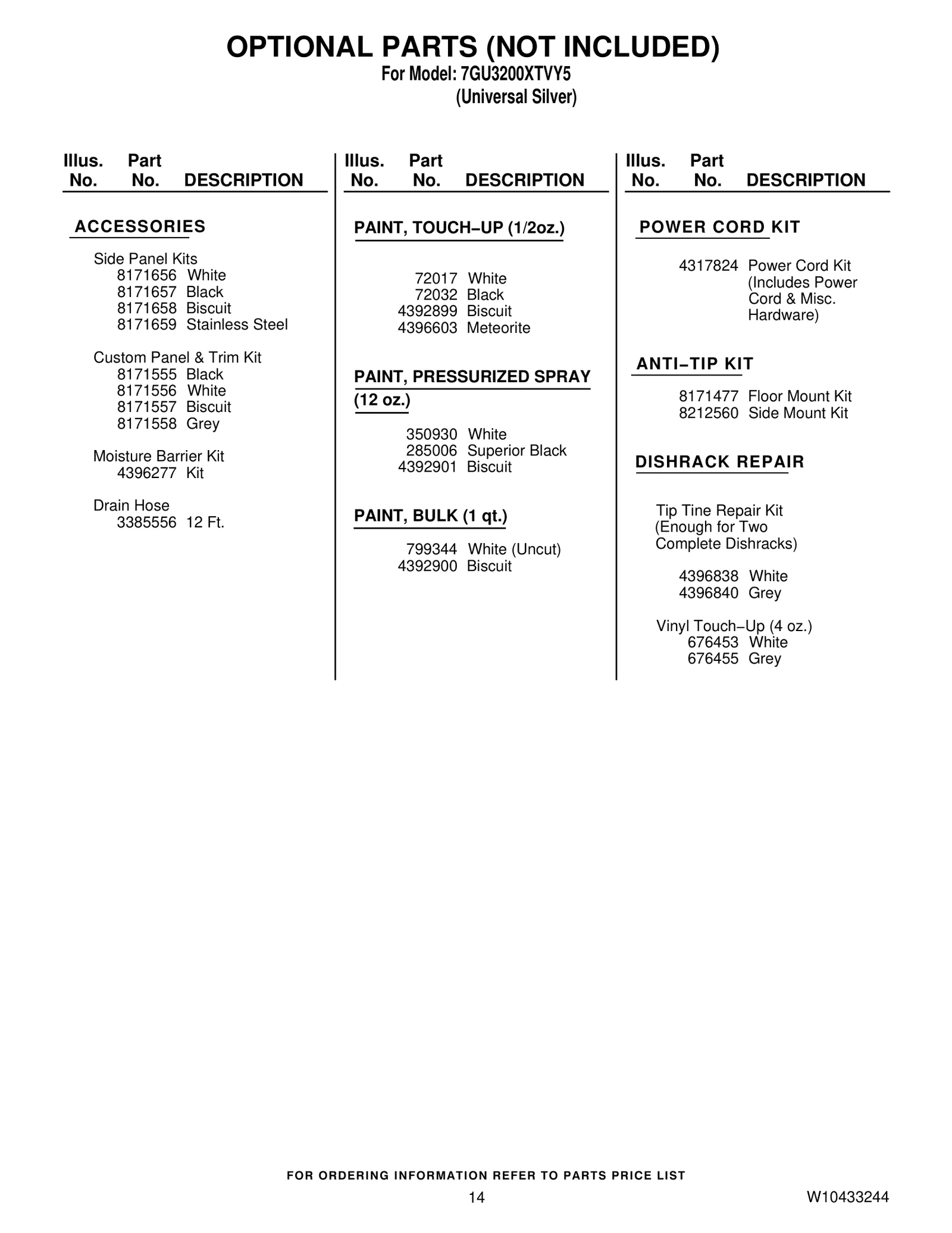 OPTIONAL PARTS (NOT INCLUDED)