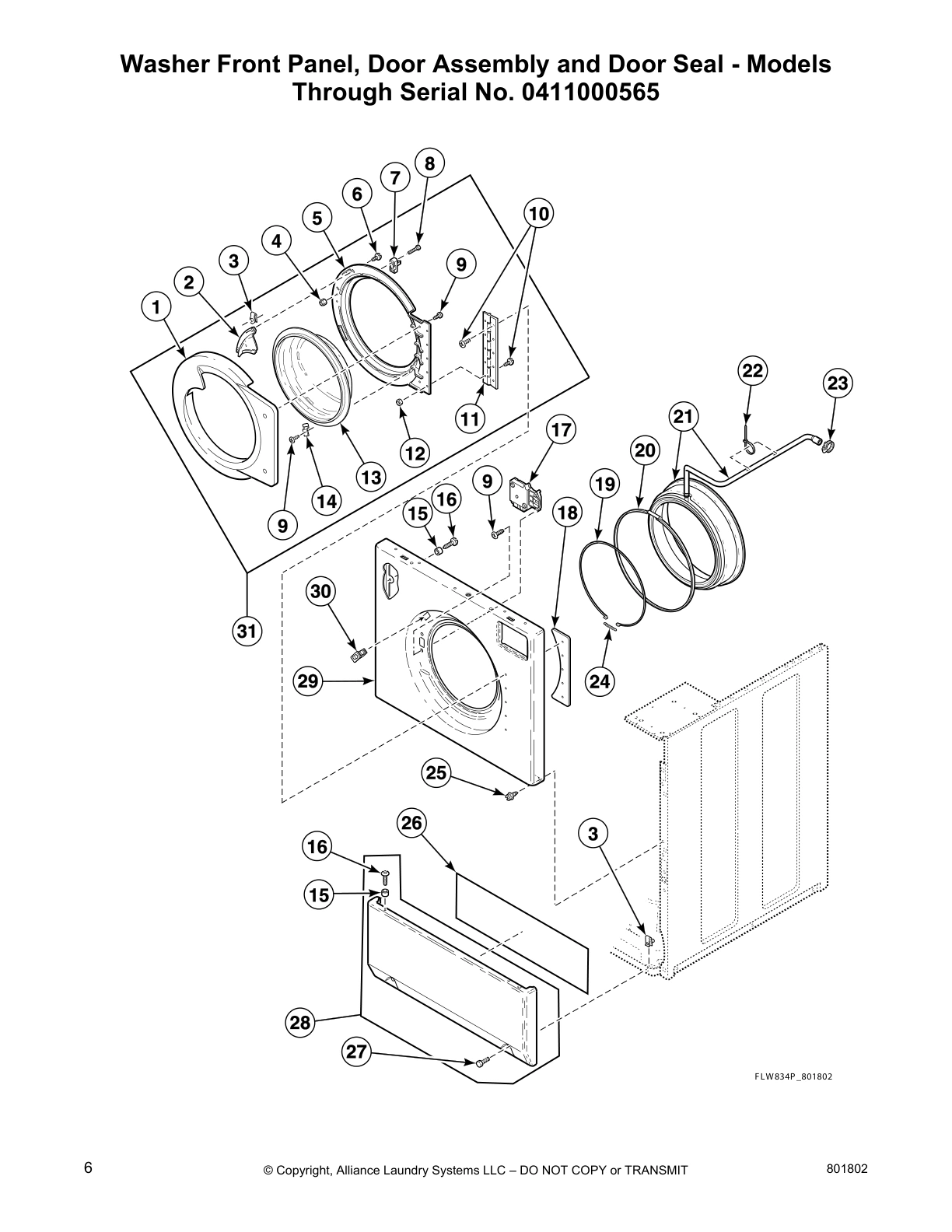 Washer Front Panel, Door Assembly and Door Seal - Models 
Through Serial No. 0411000565