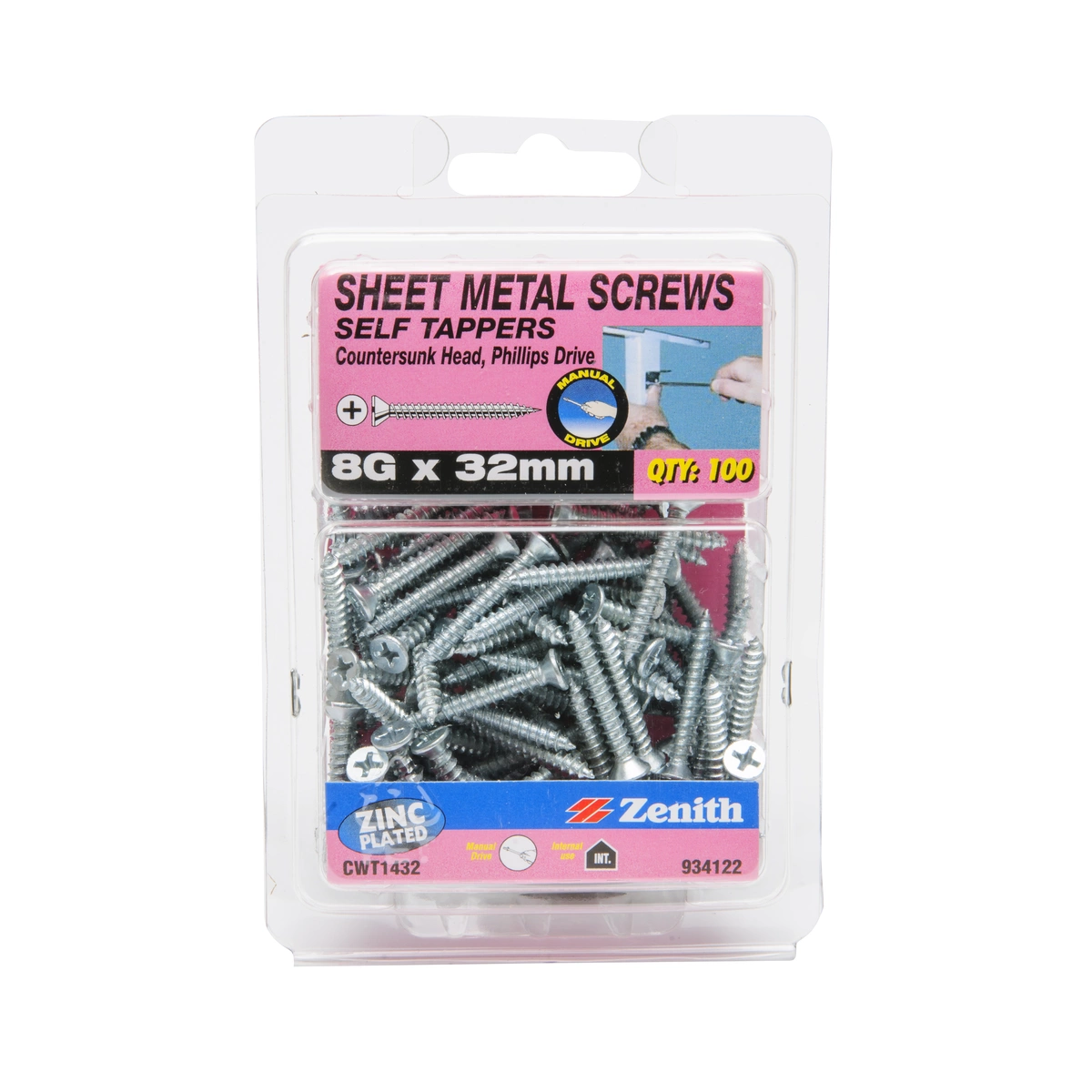 ZENITH® 8G x 32mm Zinc Plated, Self Tapping, Phillips Drive, Sheet Metal Screws – Internal Use – 100 Pack