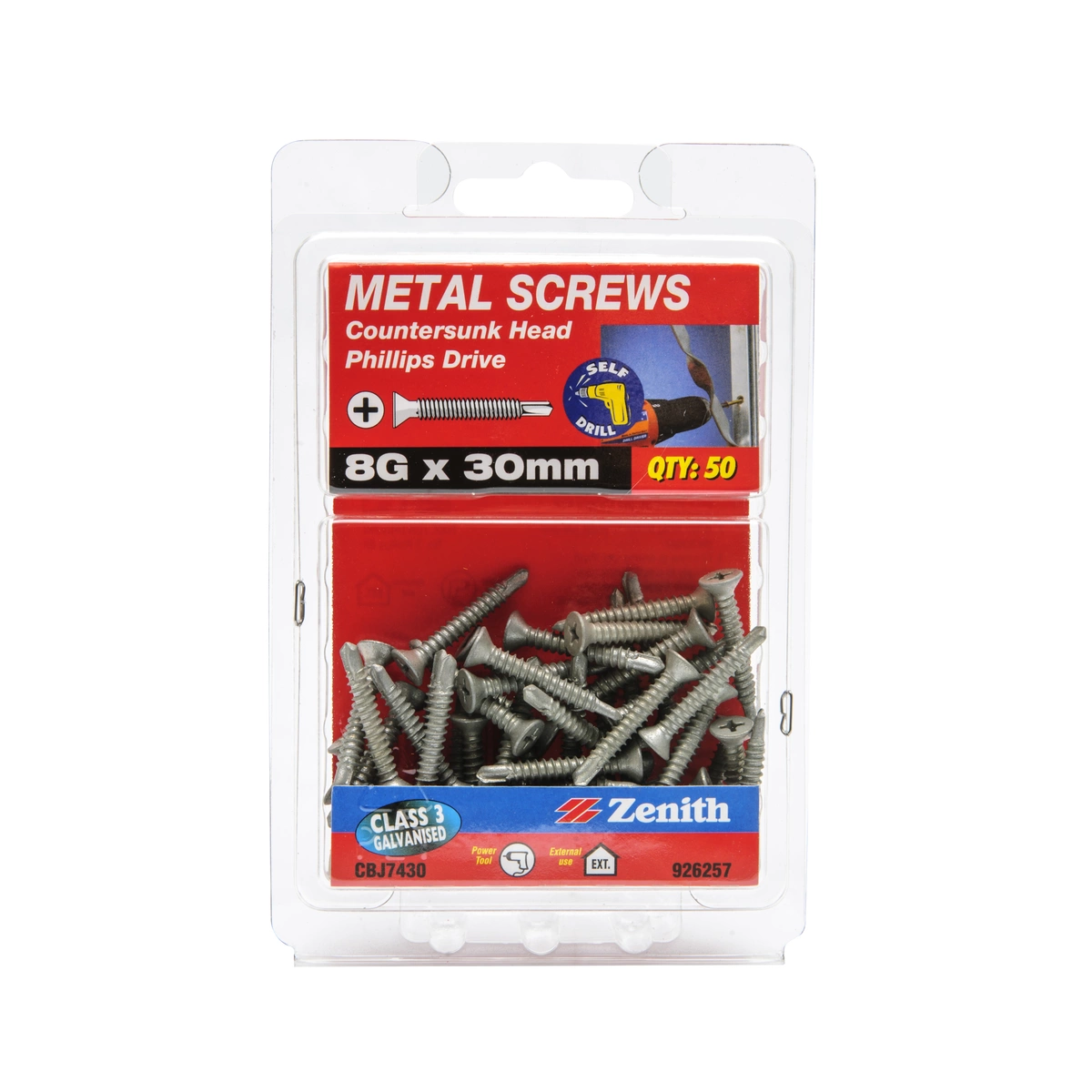 ZENITH® 8G x 30mm Class 3 Galvanised, Self Drilling, Phillips Drive, Metal Screws – External Use – 50 Pack