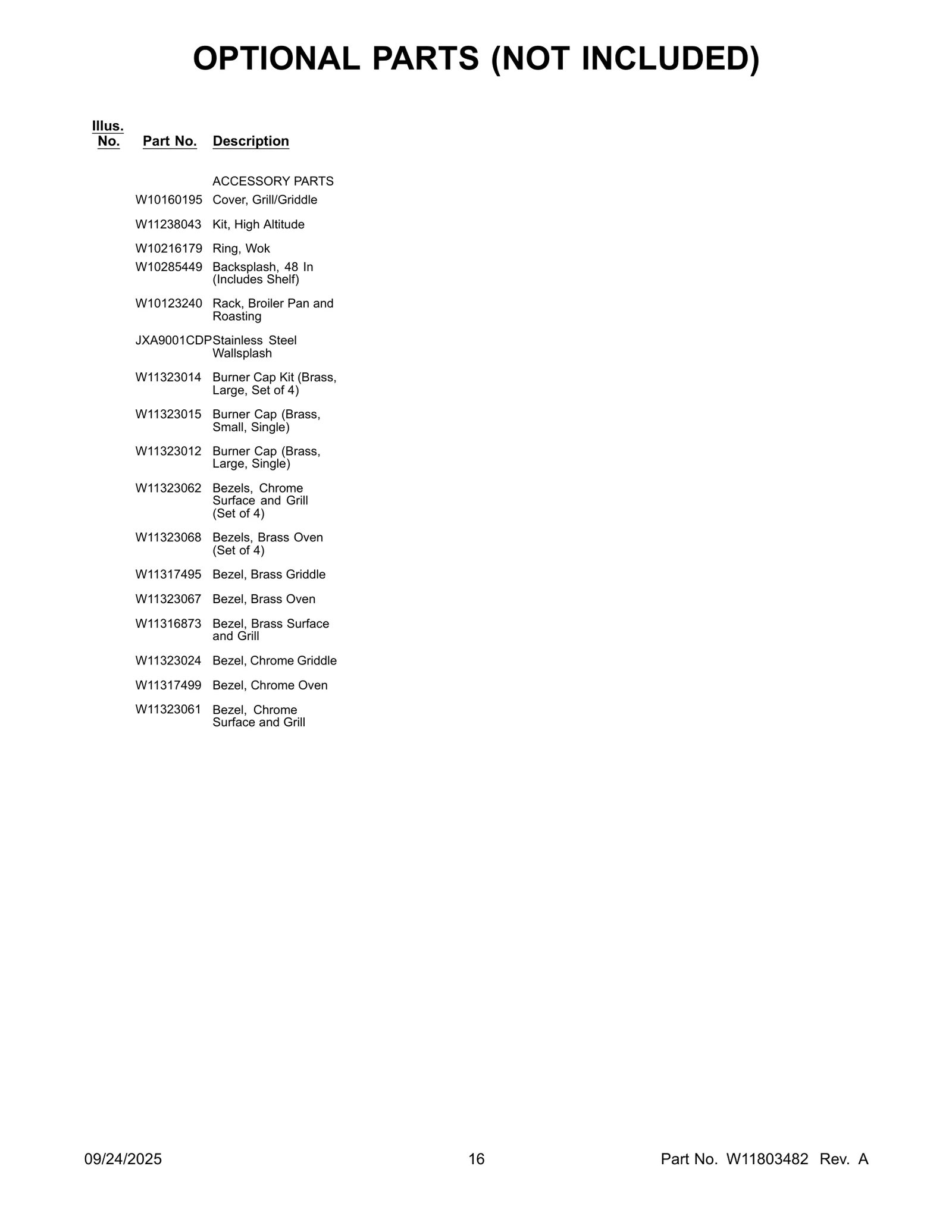 OPTIONAL PARTS (NOT INCLUDED)