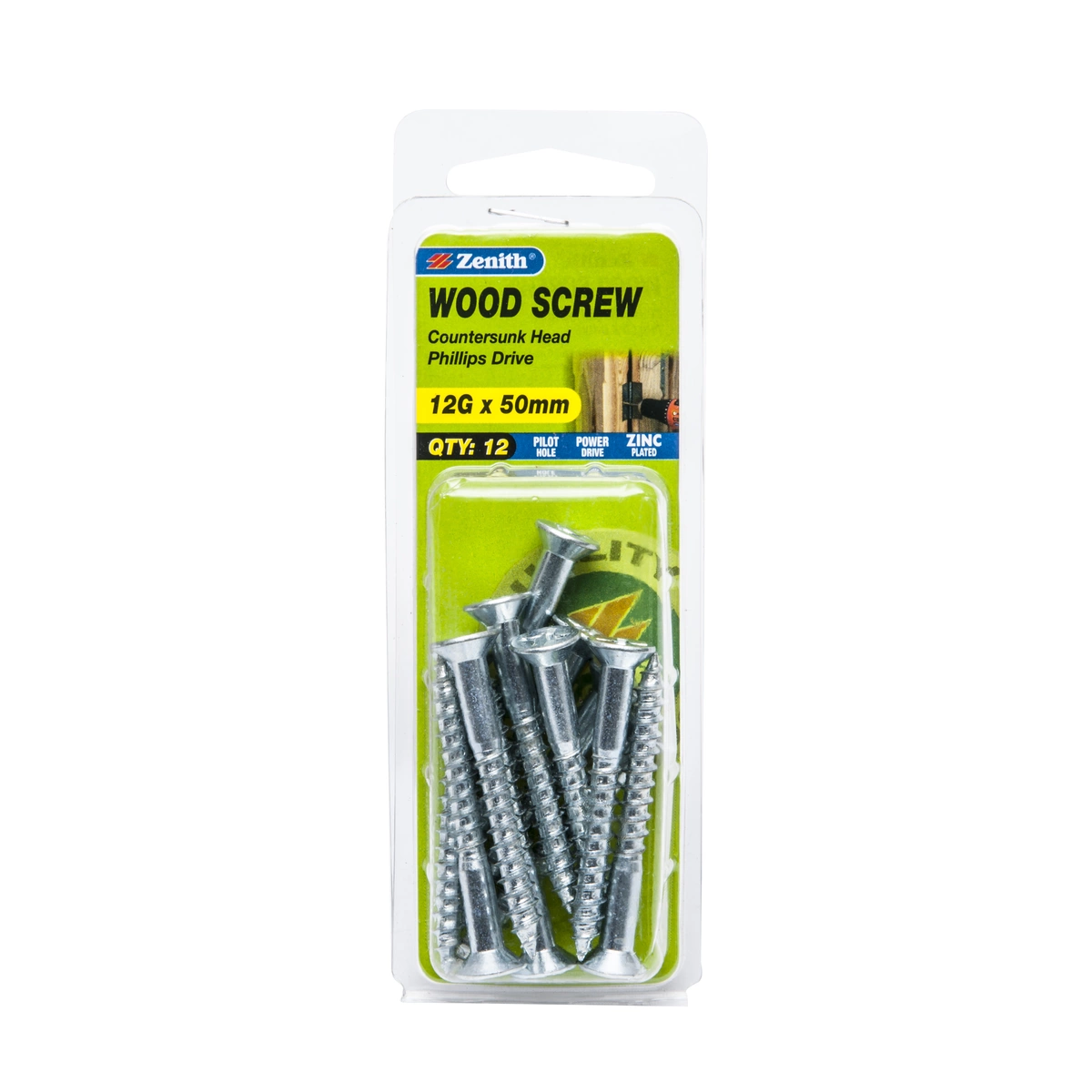 ZENITH® 12G x 50mm Zinc Plated, Phillips Drive, Wood Screws – Internal Use – 12 Pack