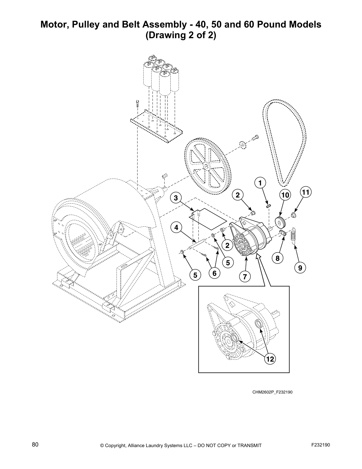 Motor, Pulley and Belt Assembly - 40, 50 and 60 Pound Models 
(Drawing 2 of 2)