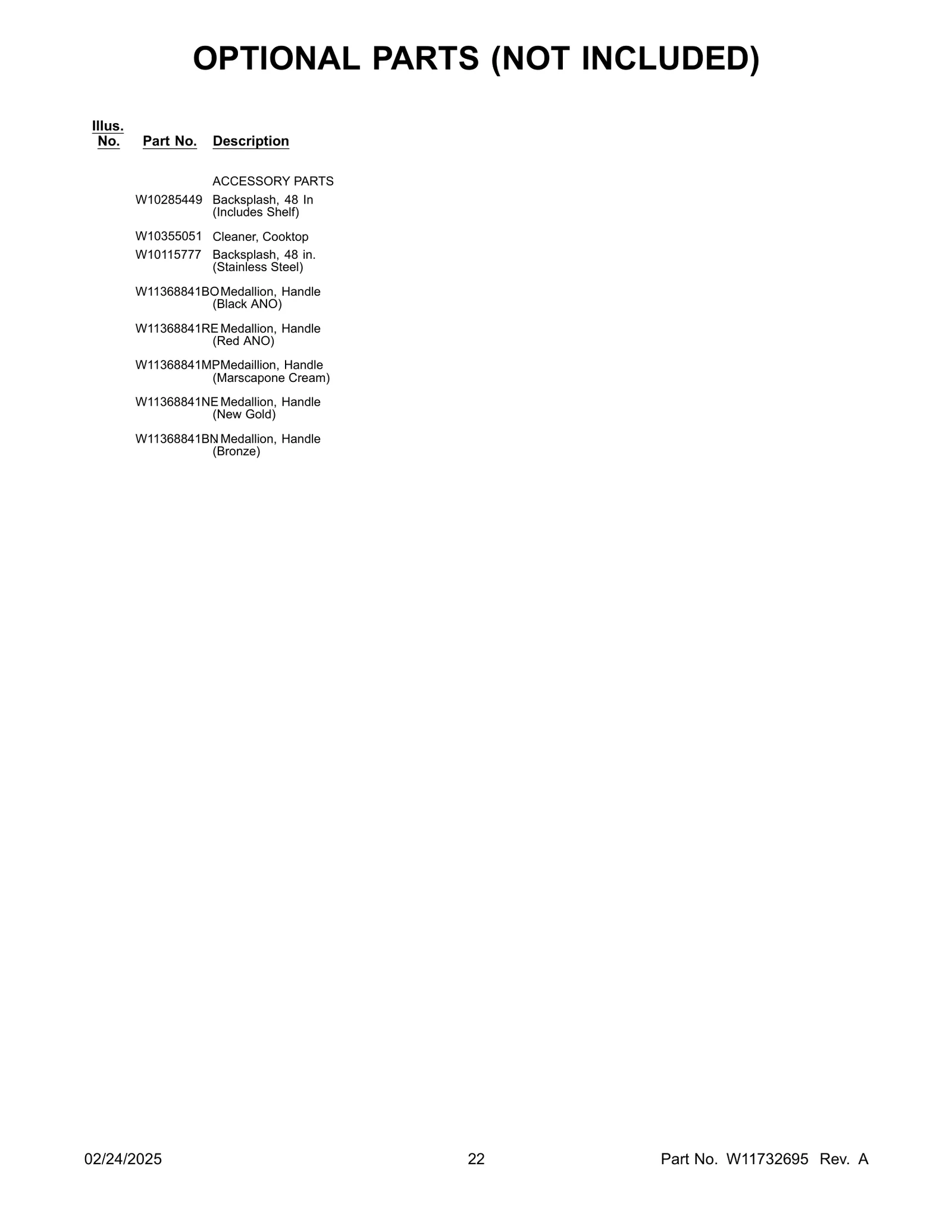 OPTIONAL PARTS (NOT INCLUDED)