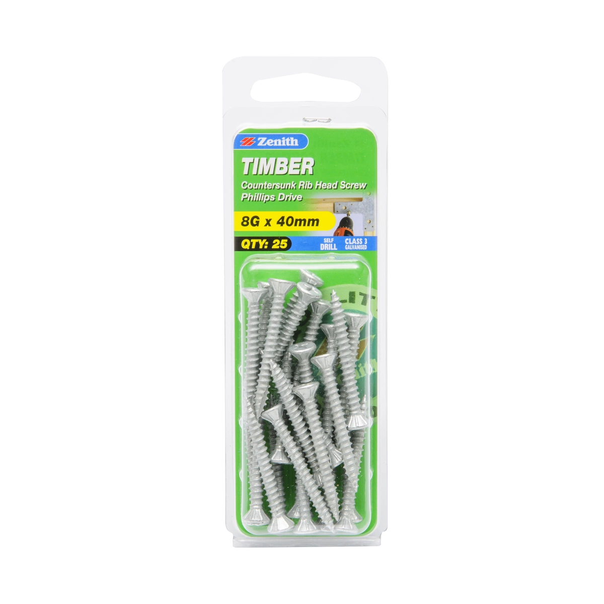 ZENITH® 8G x 40mm Class 3 Galvanised, Phillips Drive, Timber Screws – External Use – 25 Pack